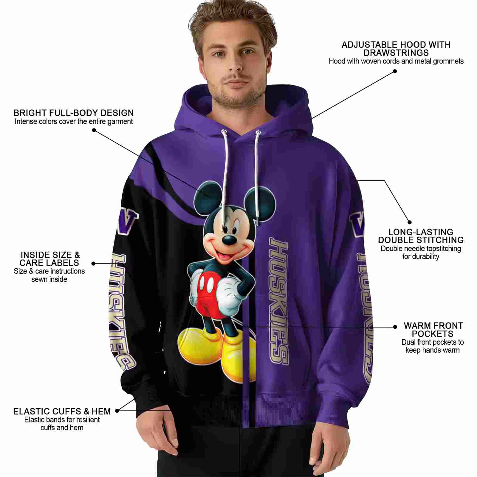 washington huskies mickey mouse purple black hoodie latest model