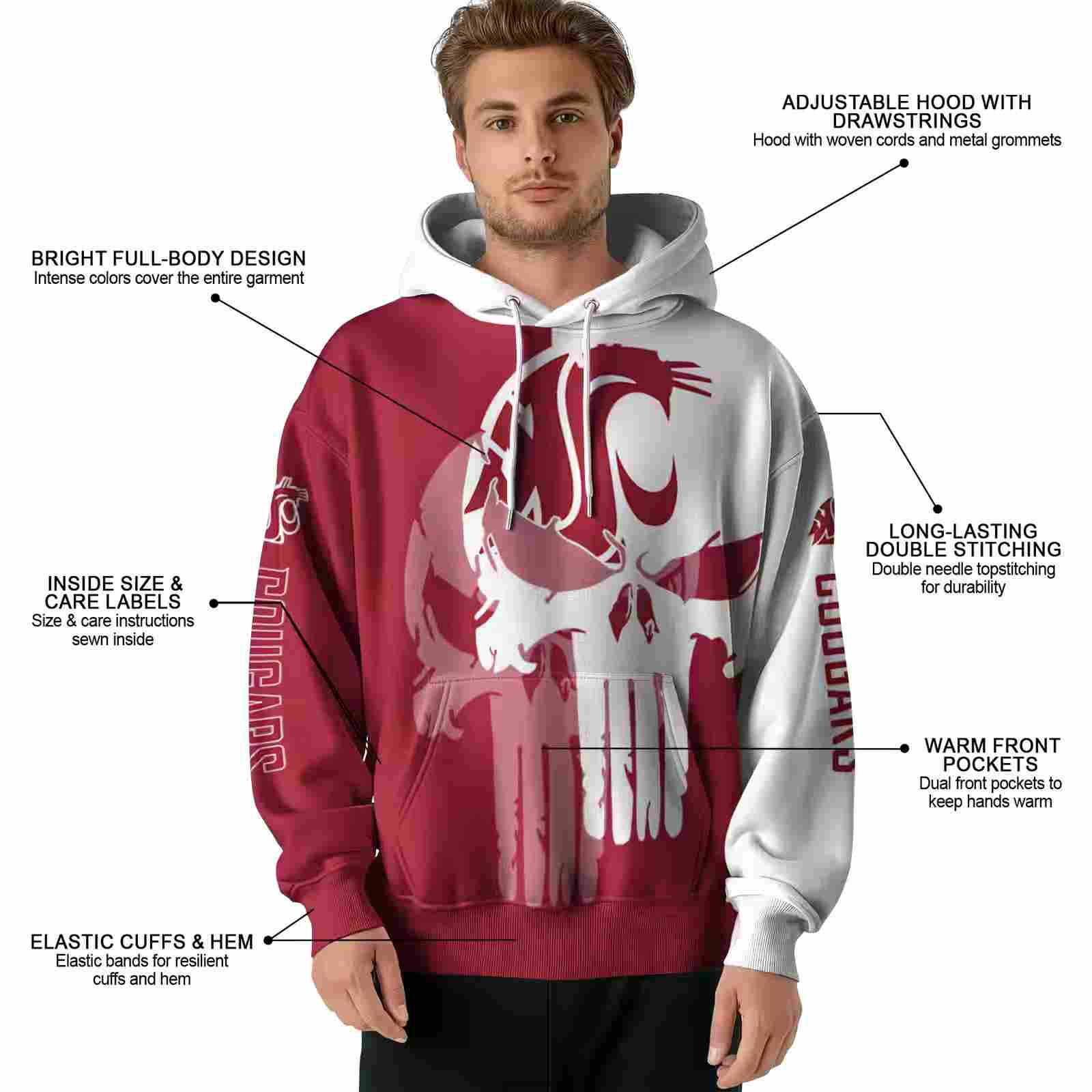 washington state cougars graphic punisher crimson white hoodie latest model