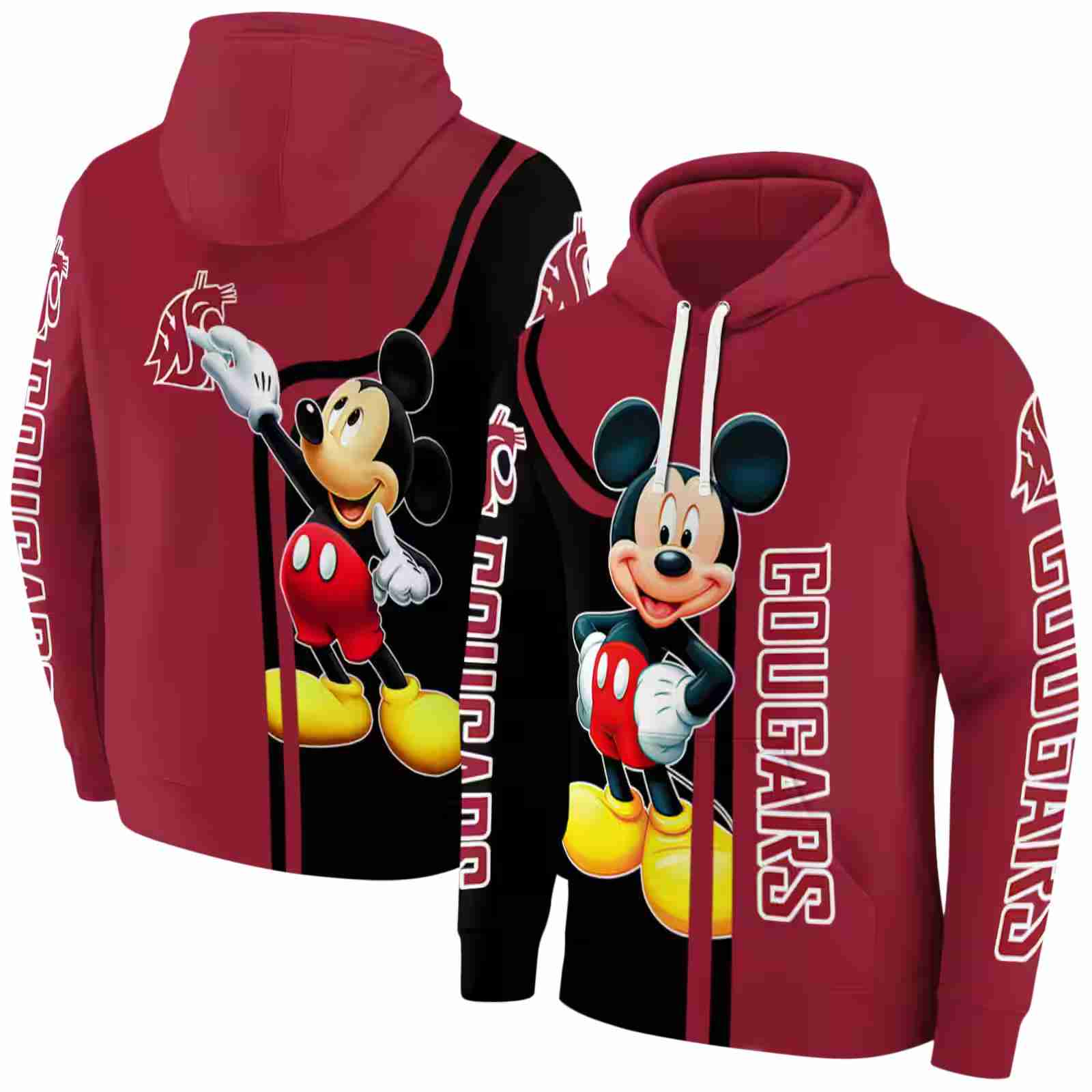 washington state cougars mickey mouse crimson black hoodie fashion forward