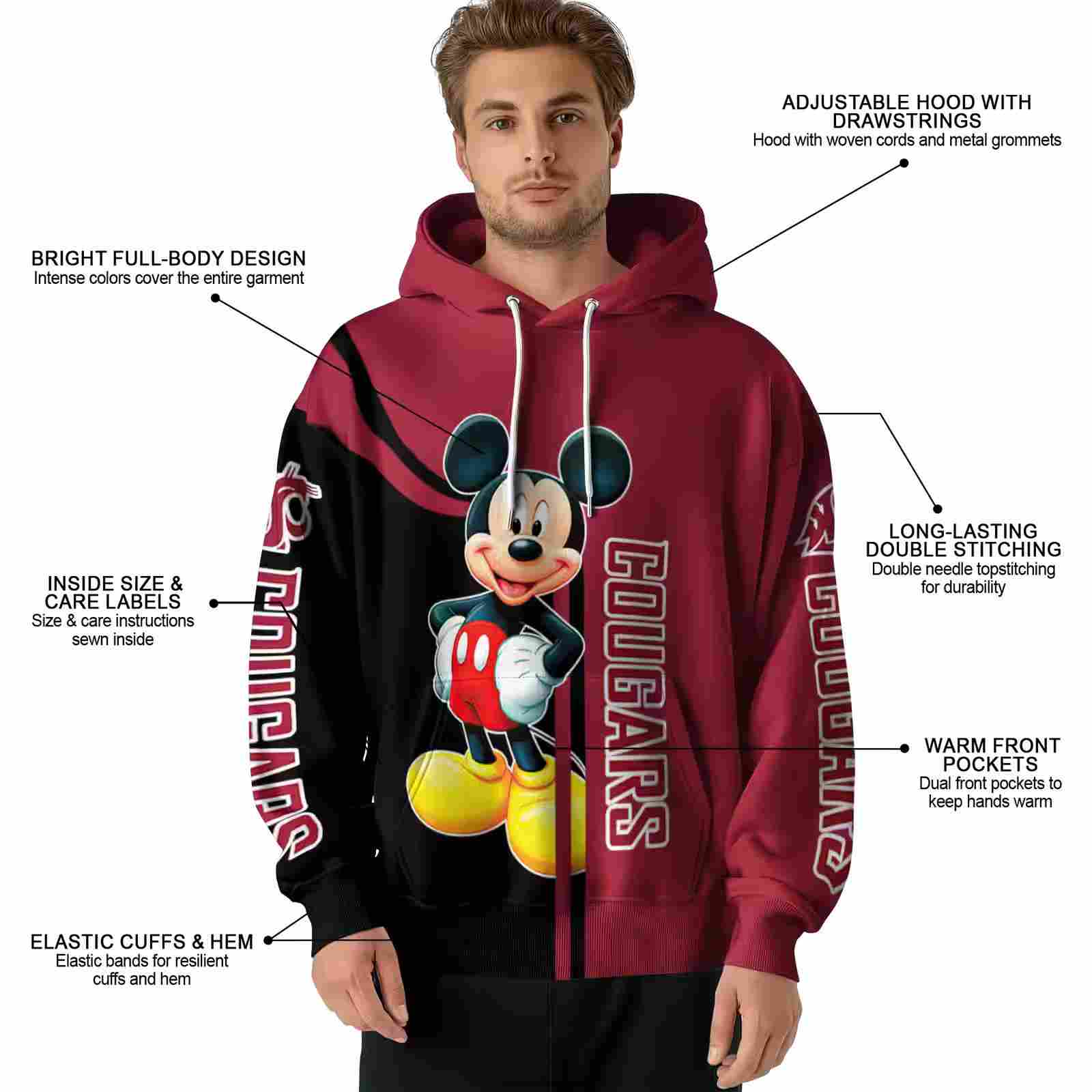 washington state cougars mickey mouse crimson black hoodie latest model