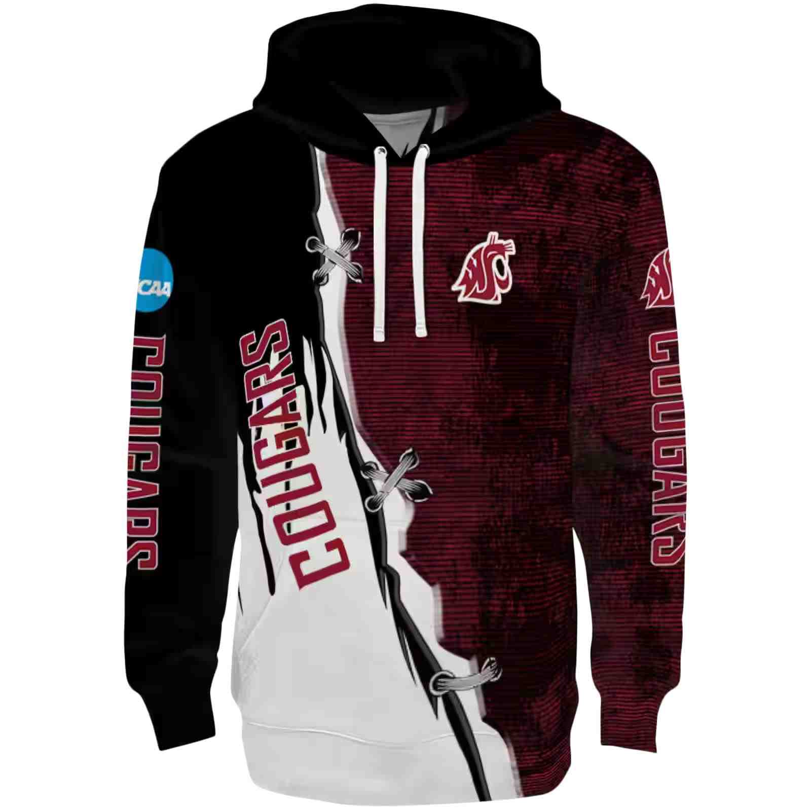 Washington State Cougars Ripped Pattern Crimson Black White Hoodie