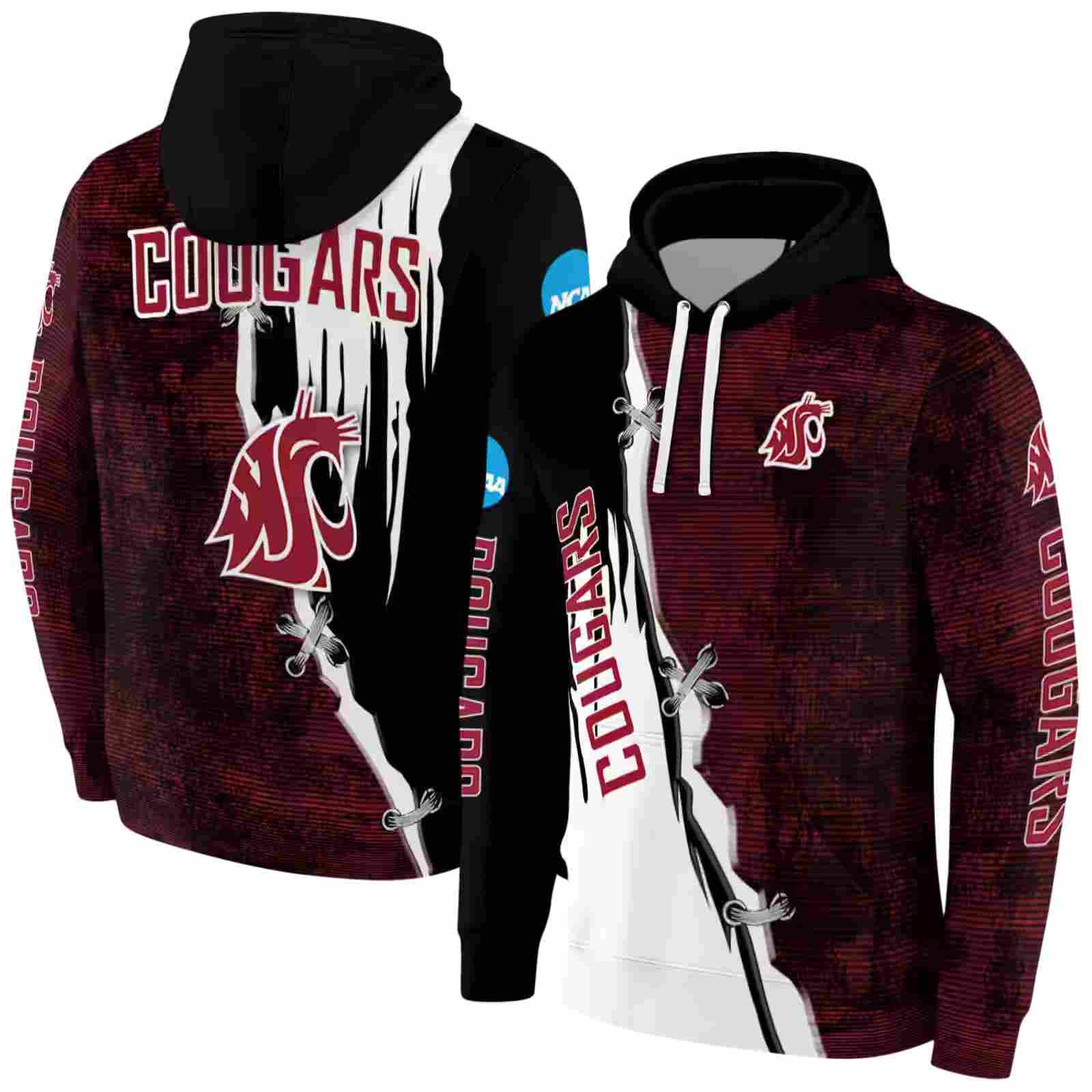 washington state cougars ripped pattern crimson black white hoodie fashion forward