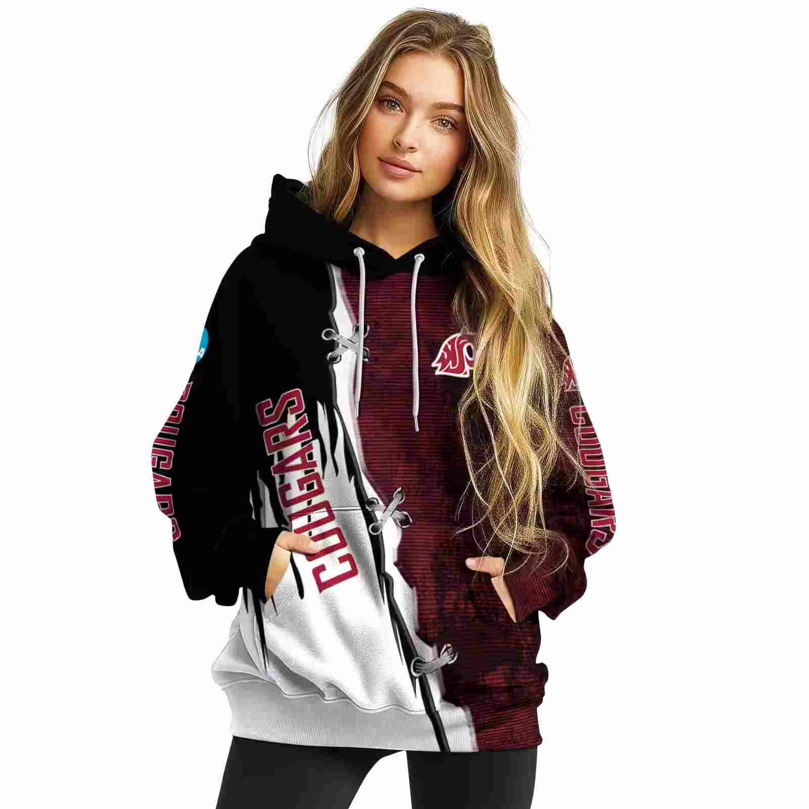 washington state cougars ripped pattern crimson black white hoodie high quality