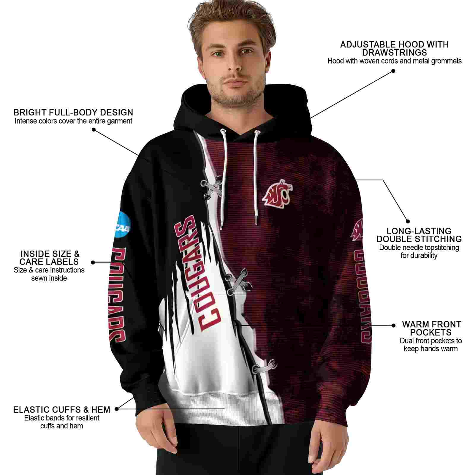 washington state cougars ripped pattern crimson black white hoodie latest model