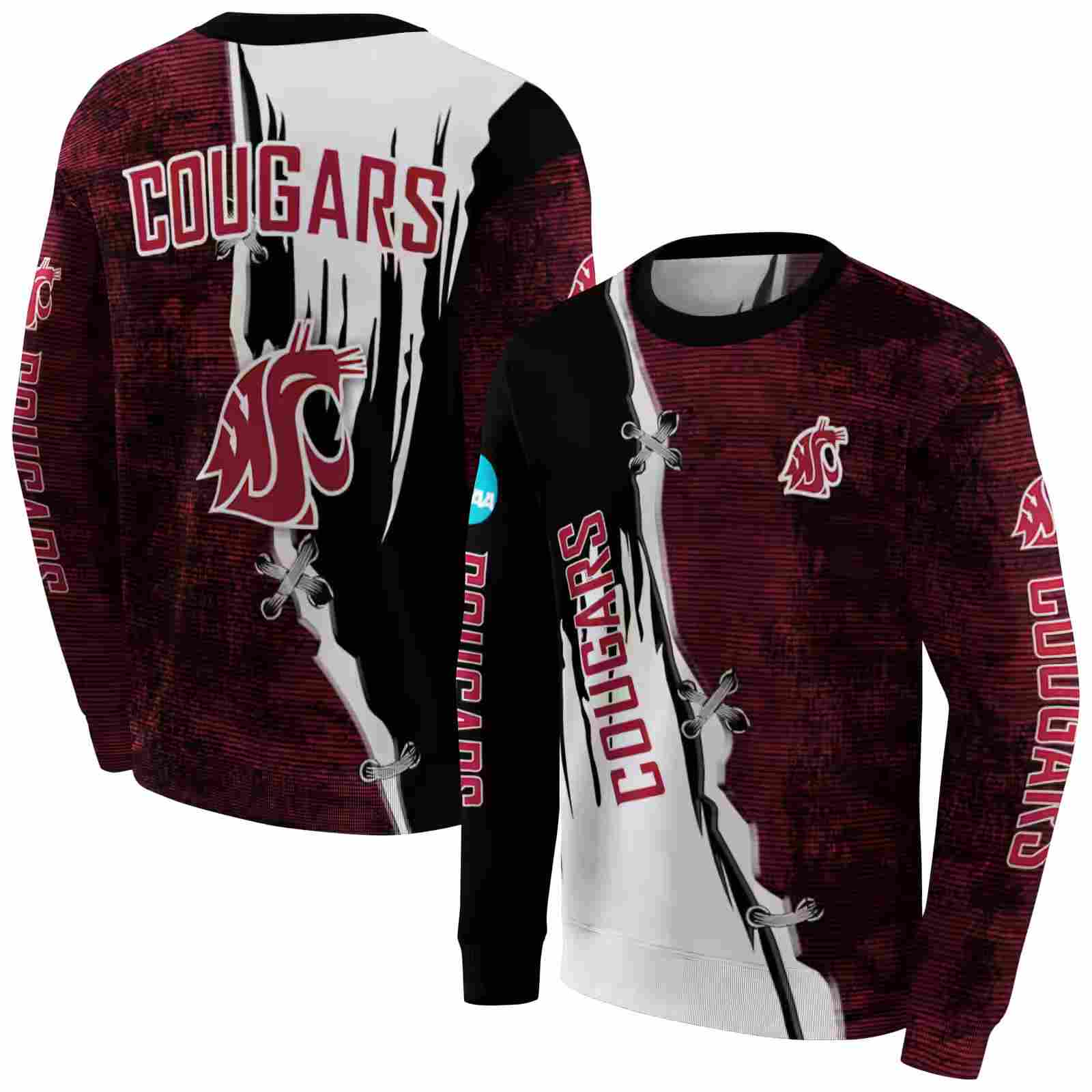 washington state cougars ripped pattern crimson black white hoodie premium grade