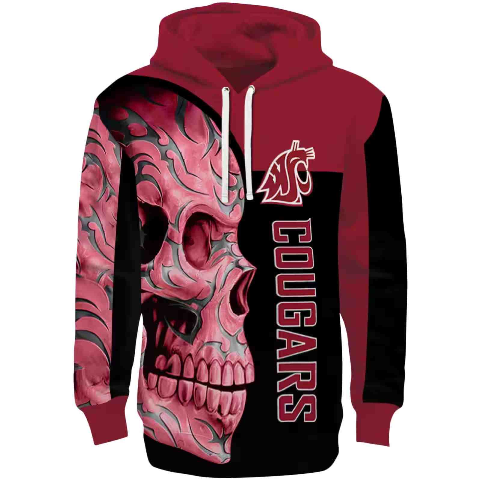 Washington State Cougars Skull Motif Crimson Black Hoodie