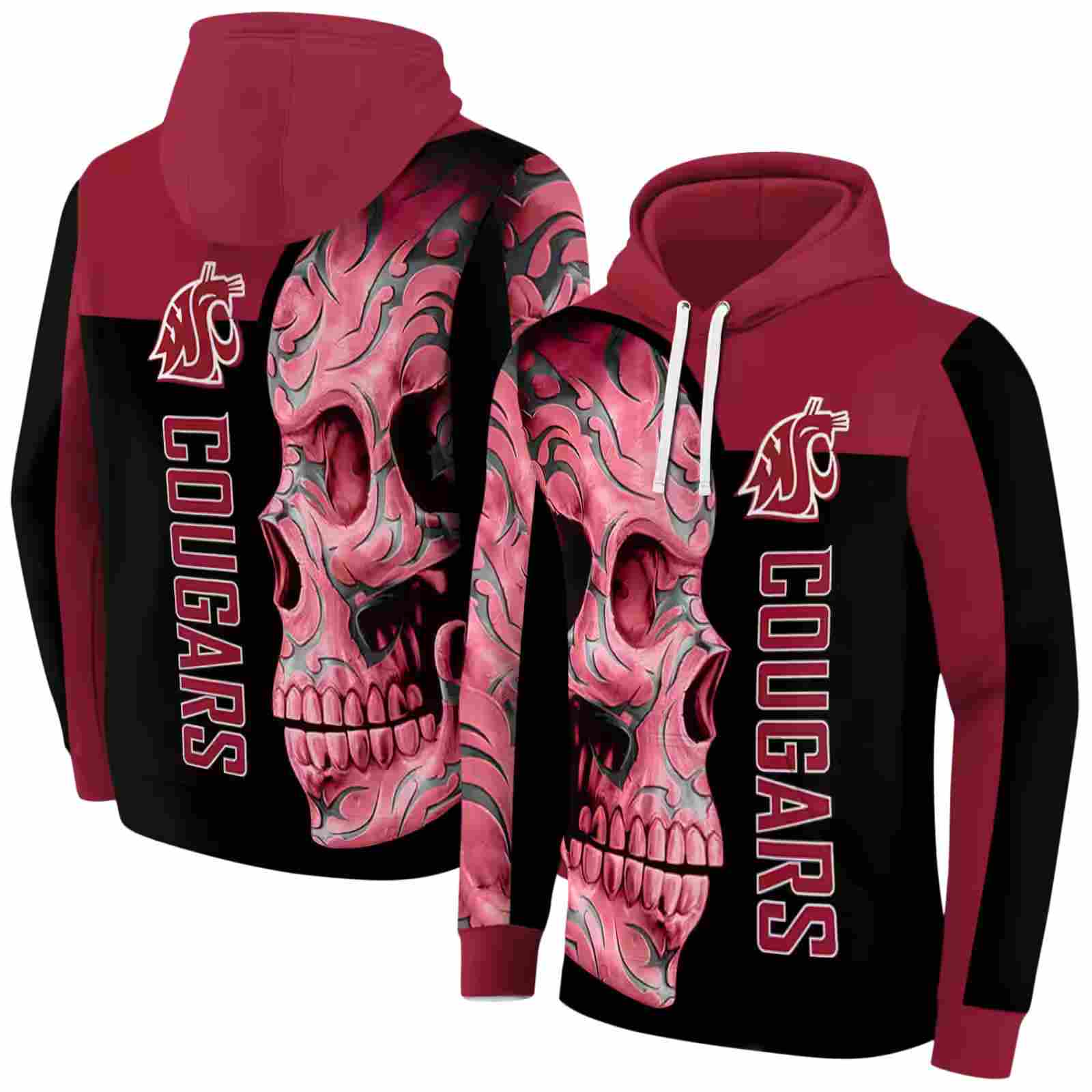 washington state cougars skull motif crimson black hoodie fashion forward