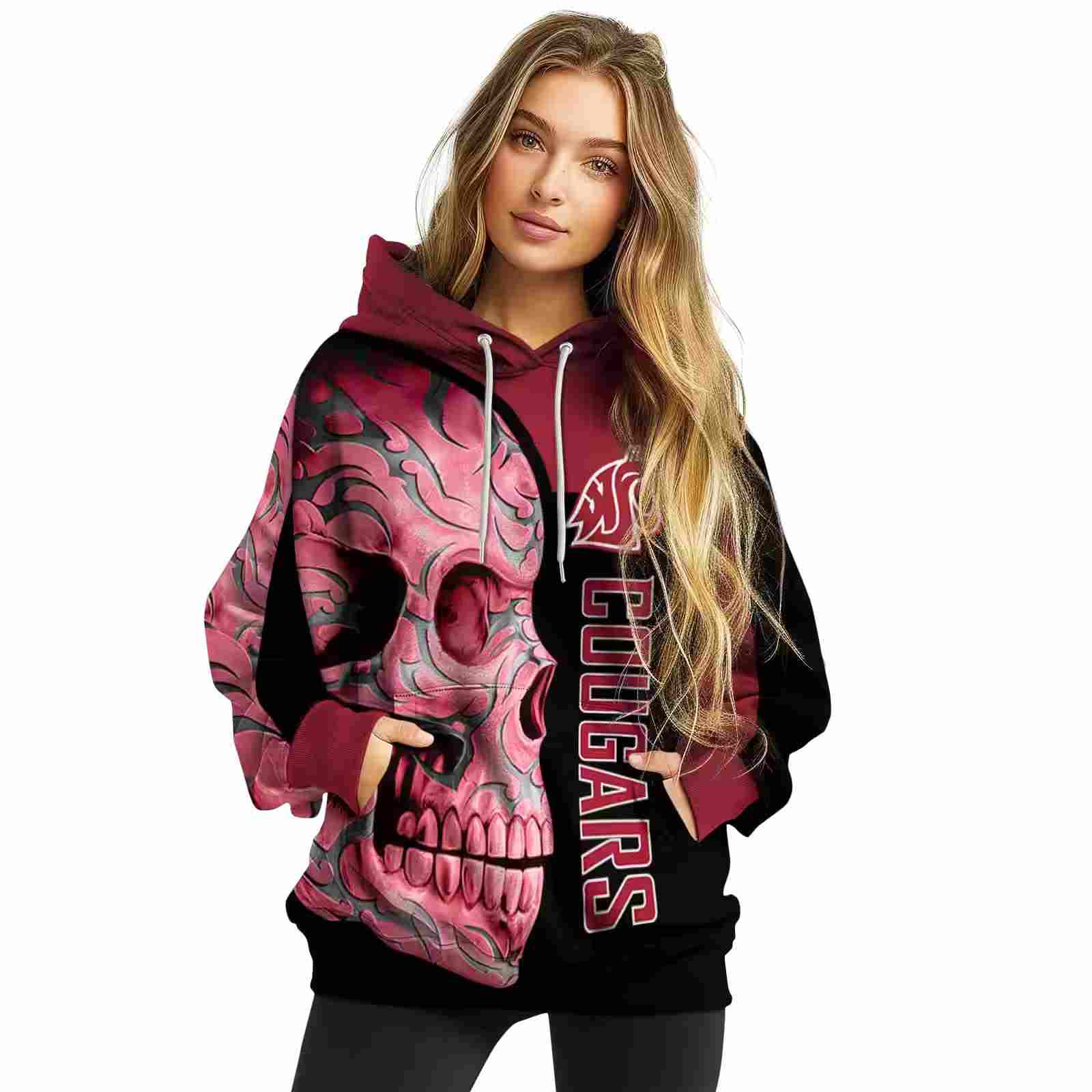 washington state cougars skull motif crimson black hoodie high quality