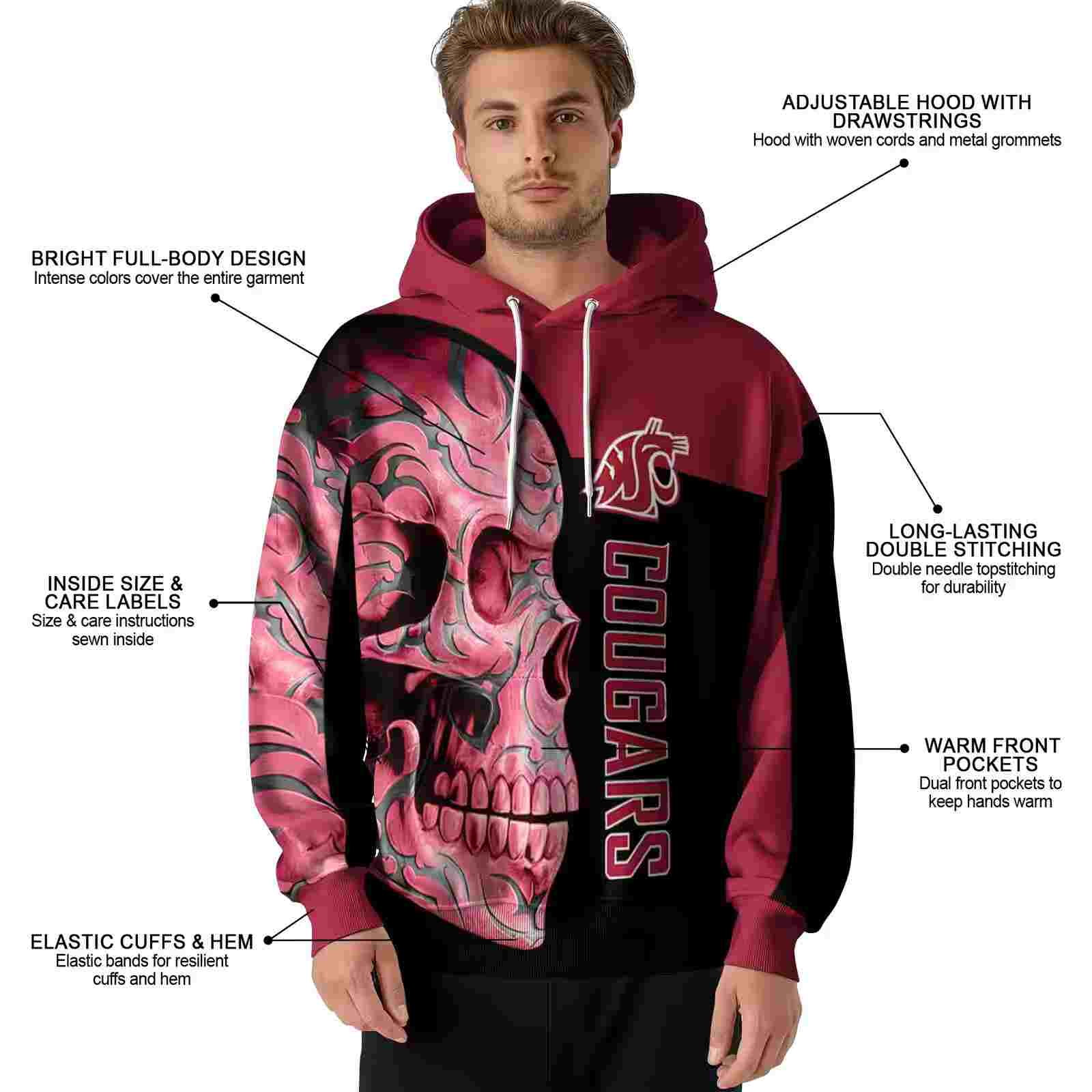 washington state cougars skull motif crimson black hoodie latest model