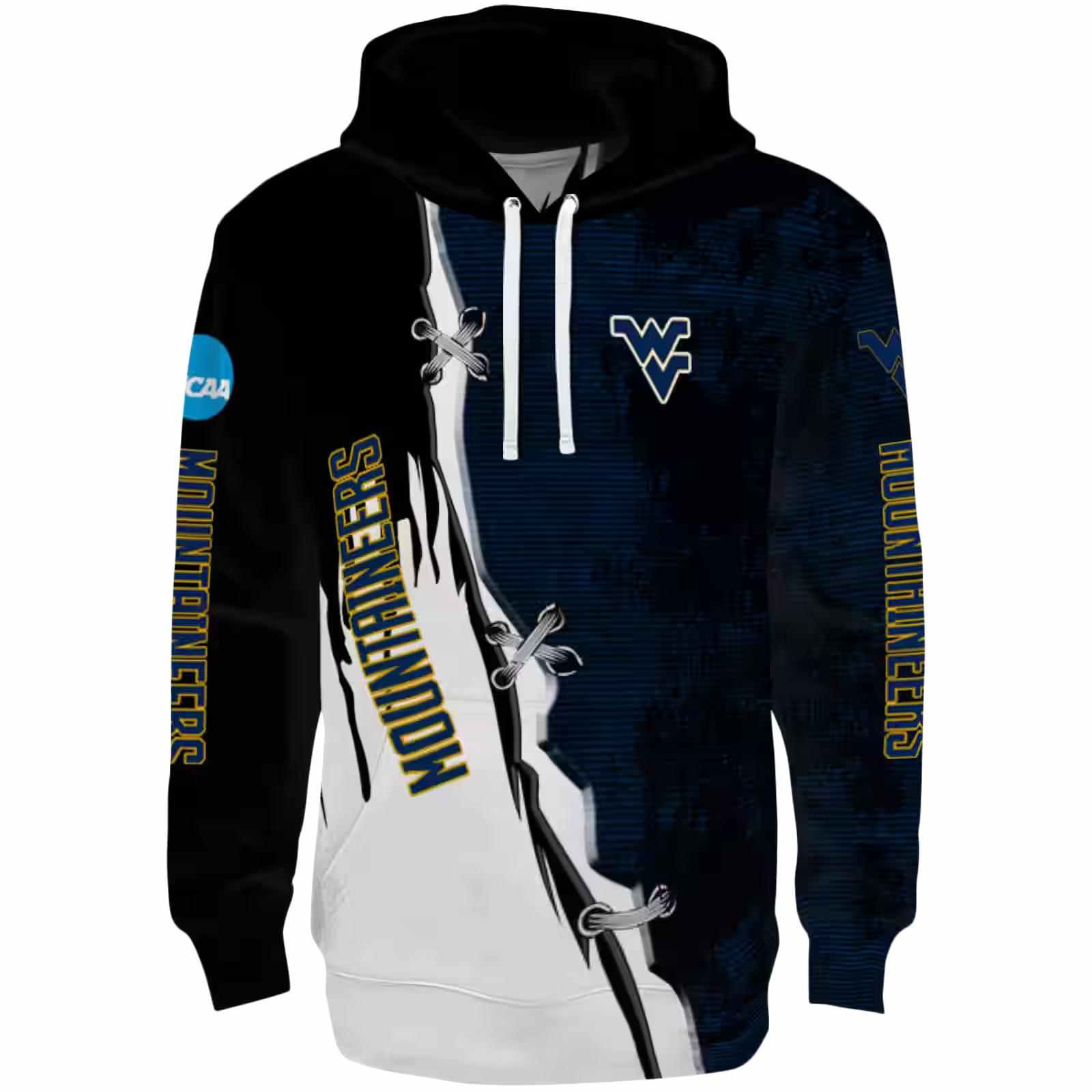 West Virginia Mountaineers Ripped Pattern Blue Black White Hoodie