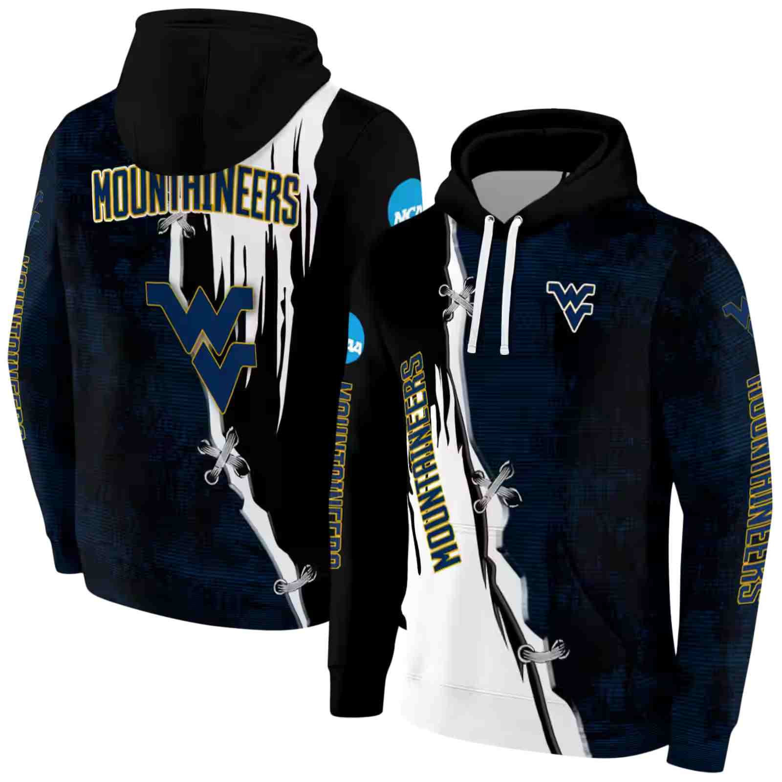 west virginia mountaineers ripped pattern blue black white hoodie fashion forward