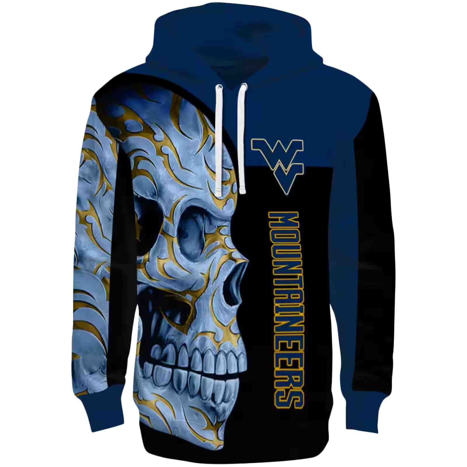West Virginia Mountaineers Skull Motif Blue Black Hoodie
