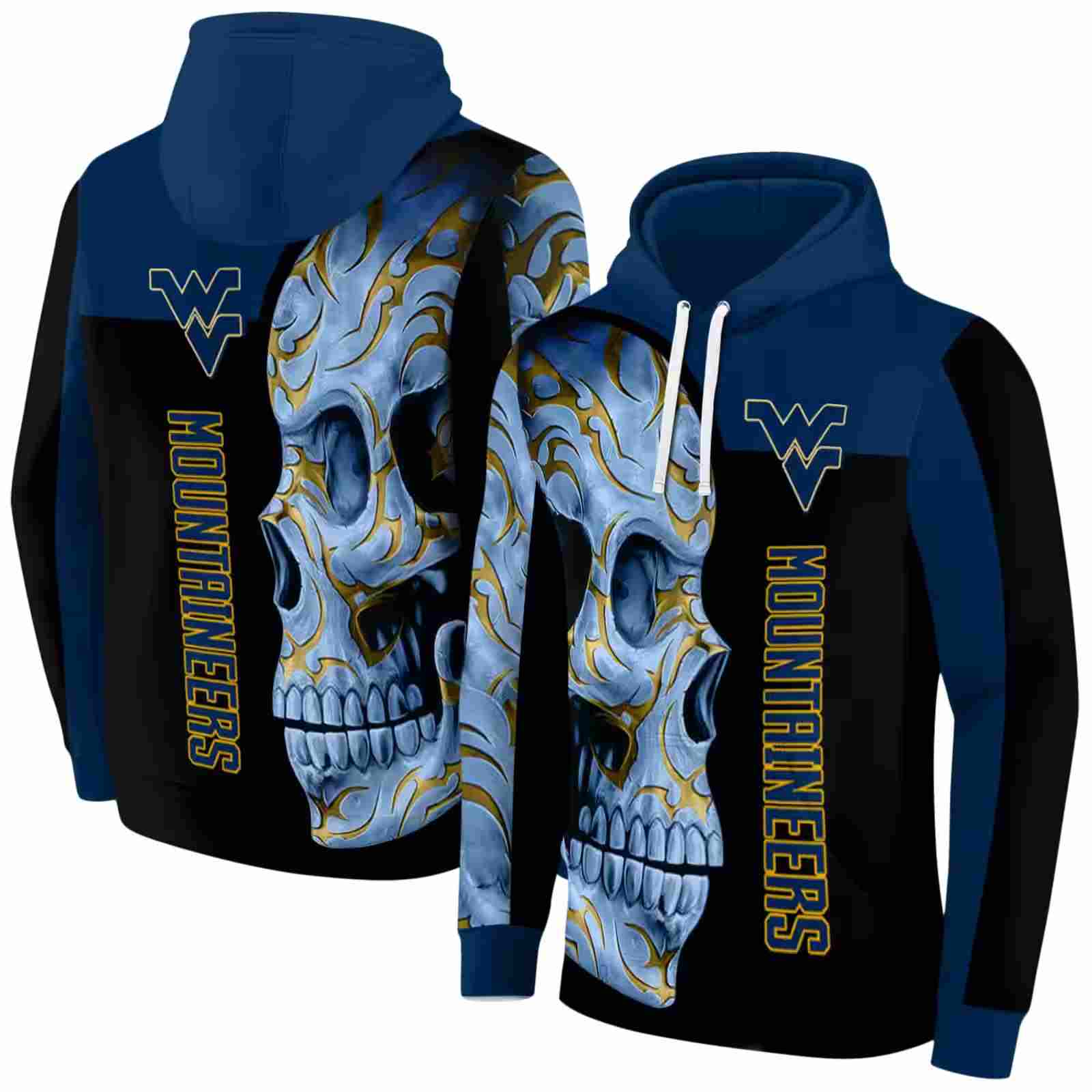 west virginia mountaineers skull motif blue black hoodie fashion forward