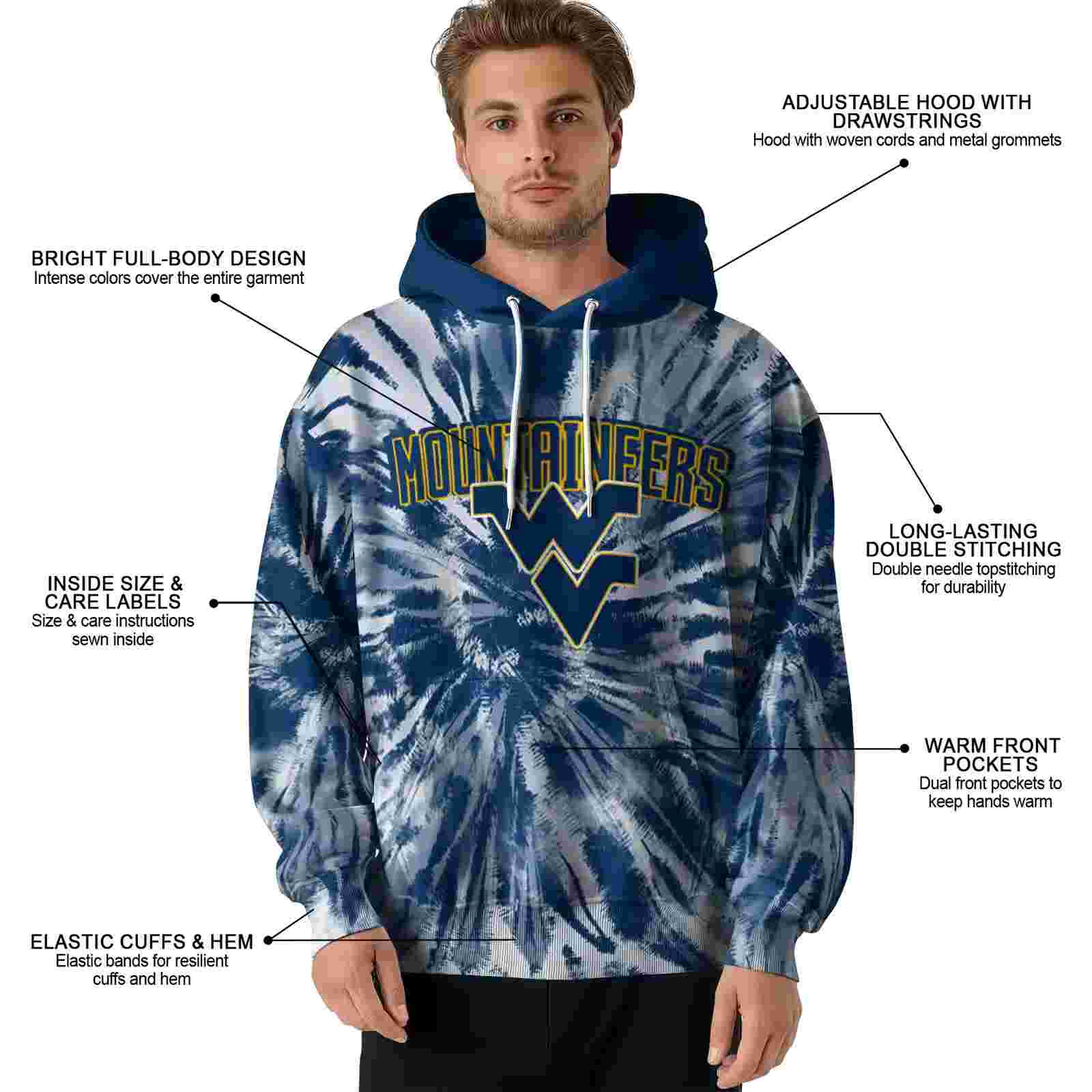 west virginia mountaineers tie dye pattern blue hoodie latest model