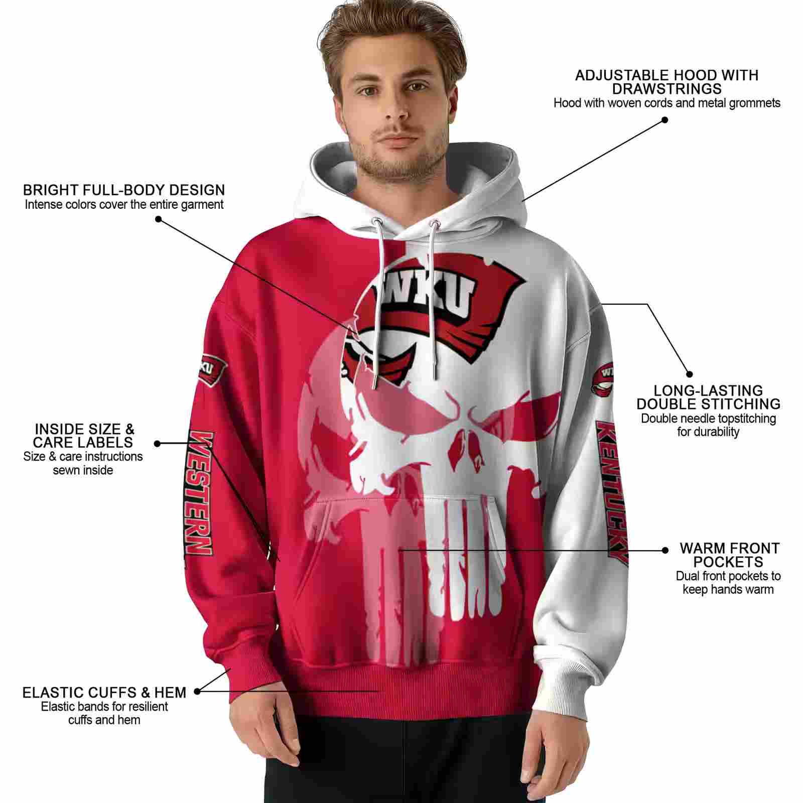 western kentucky hilltoppers graphic punisher red white hoodie latest model