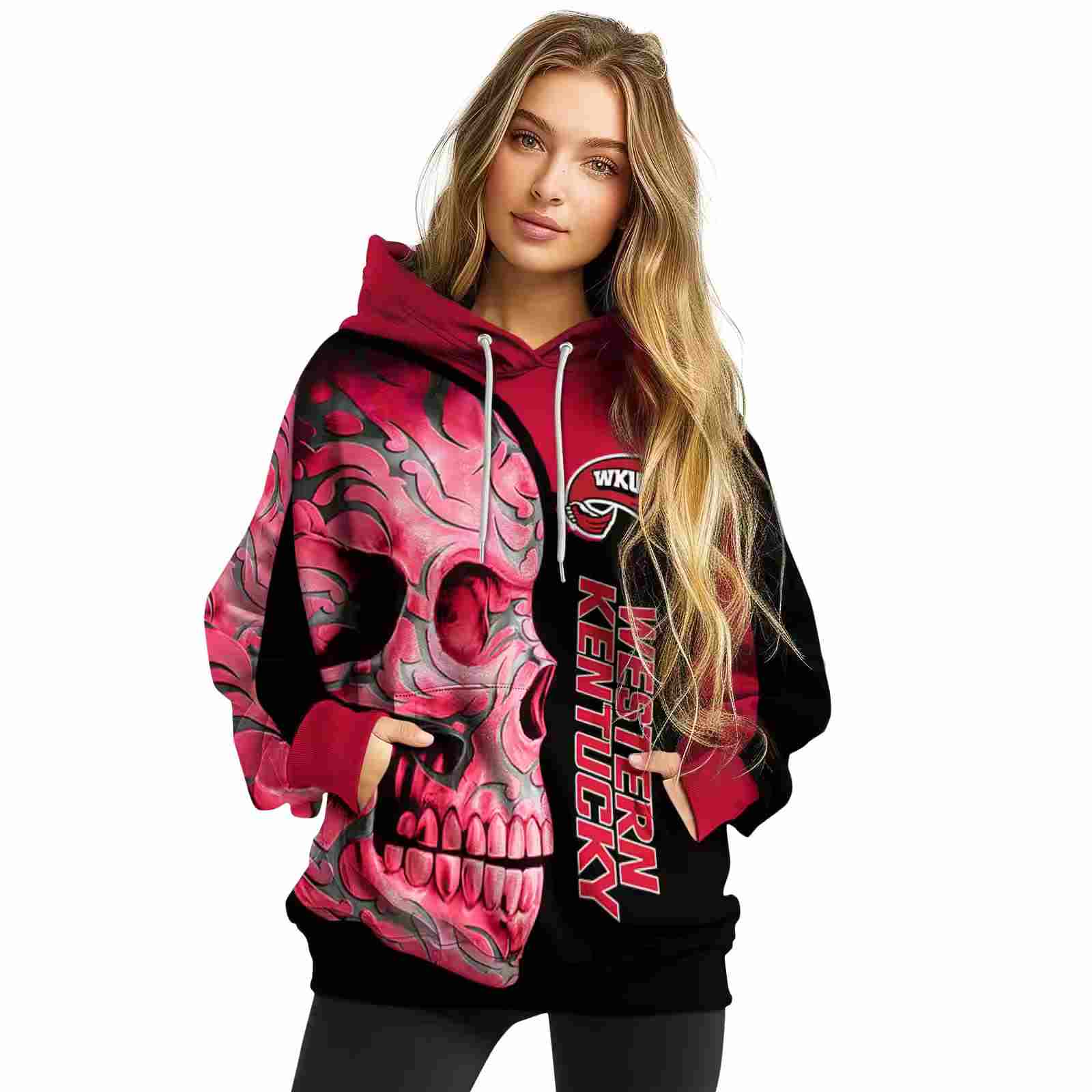 western kentucky hilltoppers skull motif red black hoodie high quality