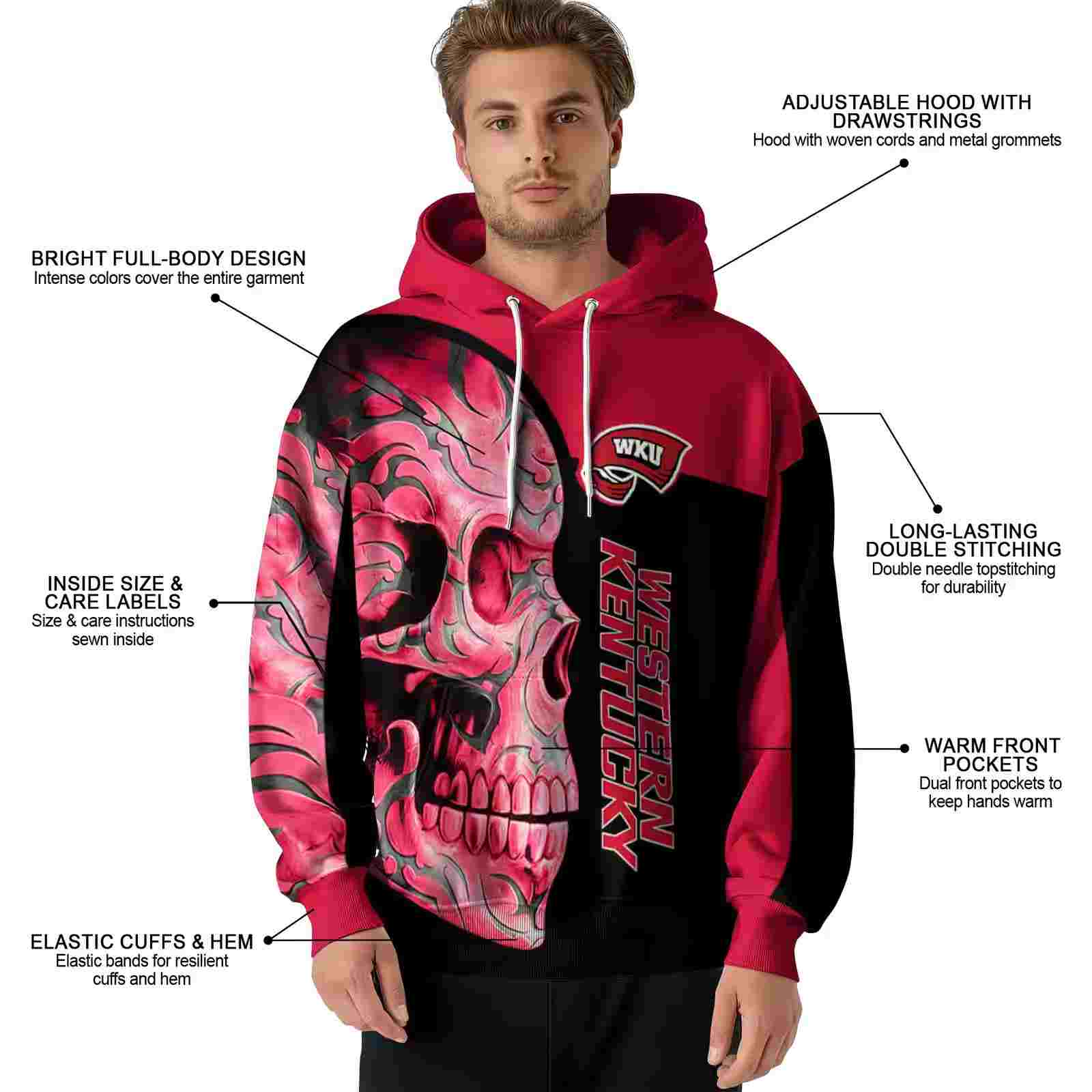 western kentucky hilltoppers skull motif red black hoodie latest model