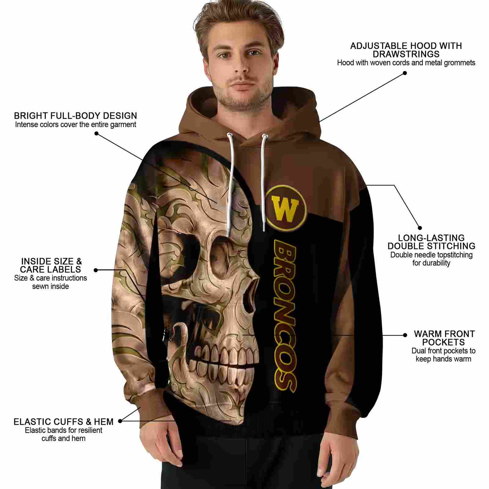 western michigan broncos skull motif brown black hoodie latest model