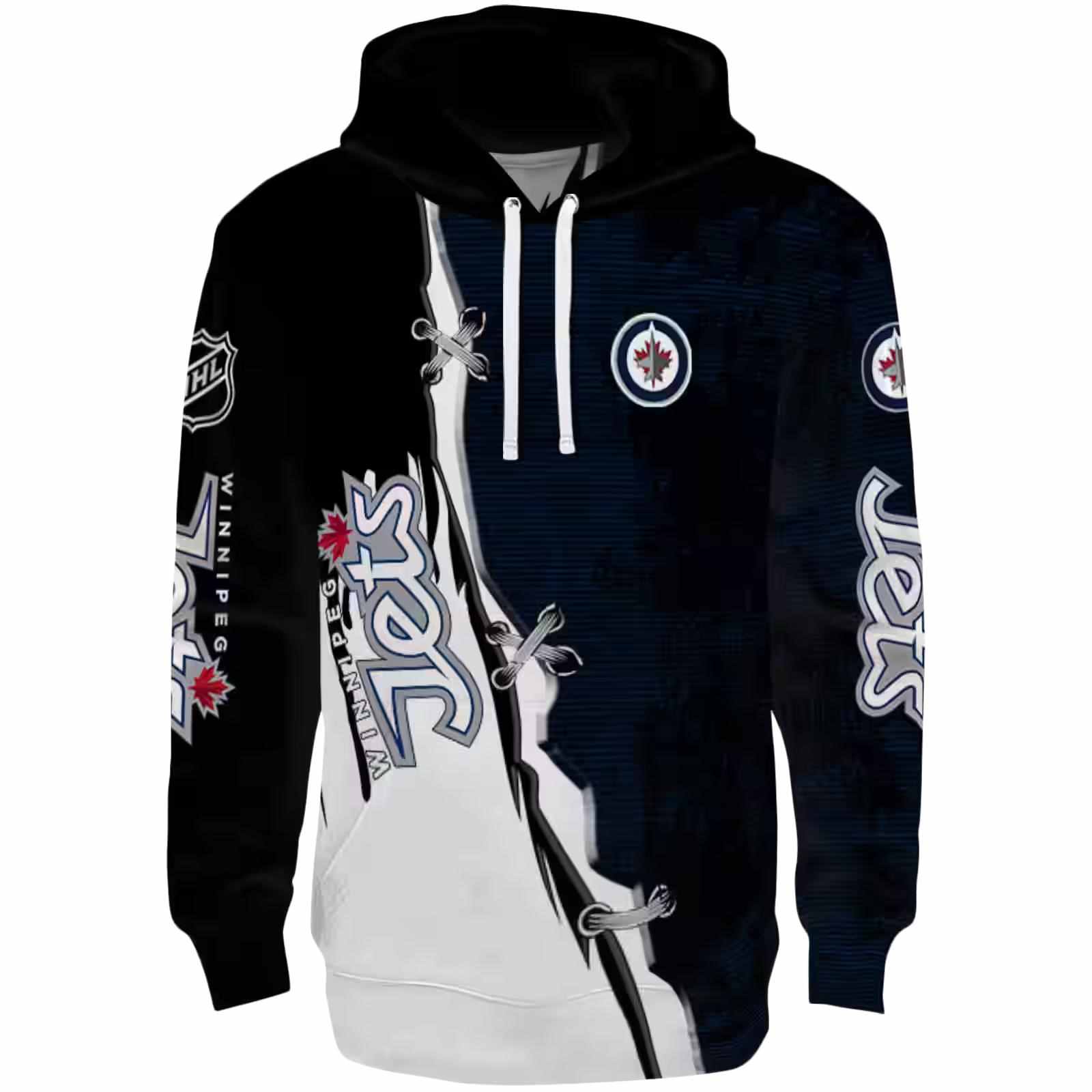 Winnipeg Jets Ripped Pattern Blue Black White Hoodie