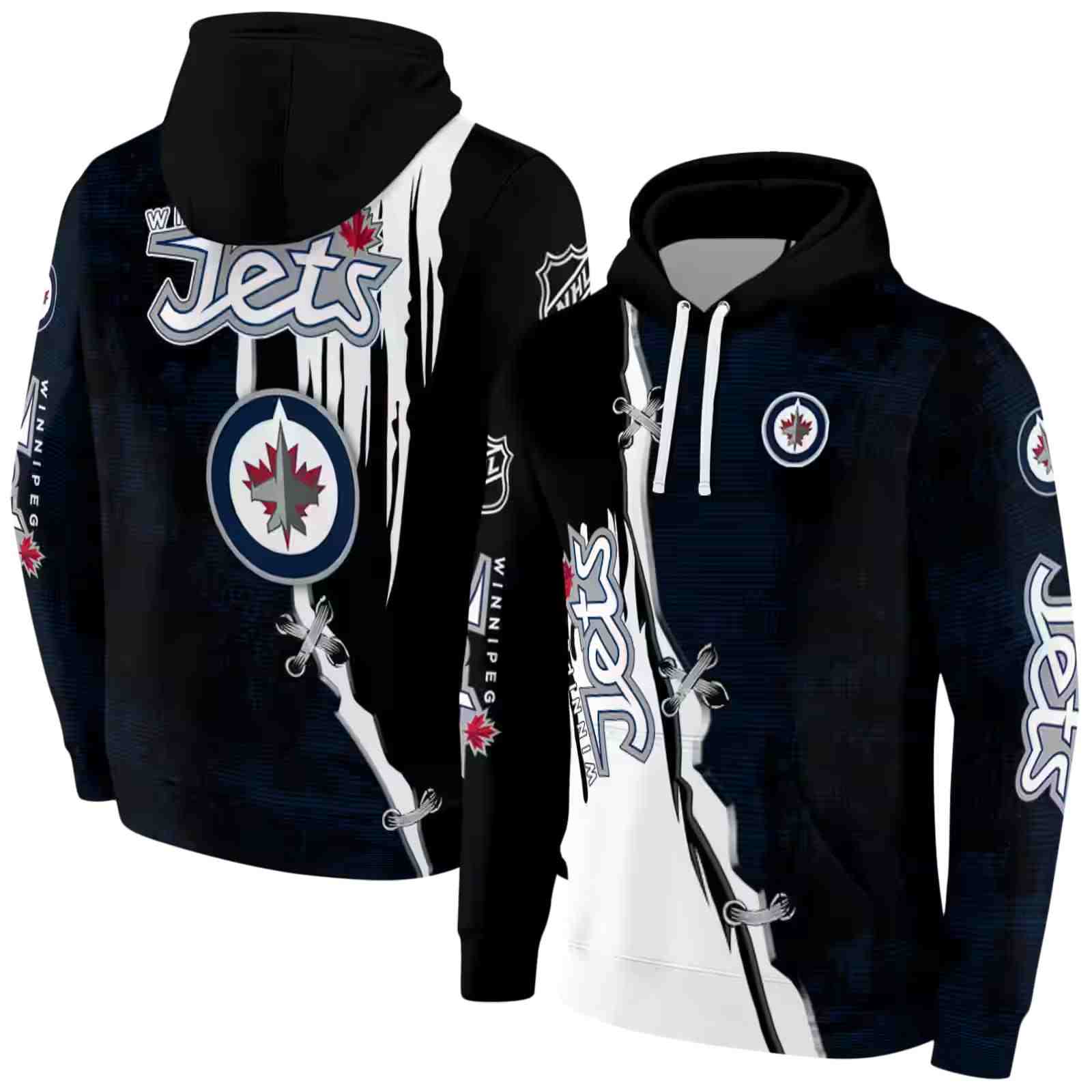 winnipeg jets ripped pattern blue black white hoodie fashion forward