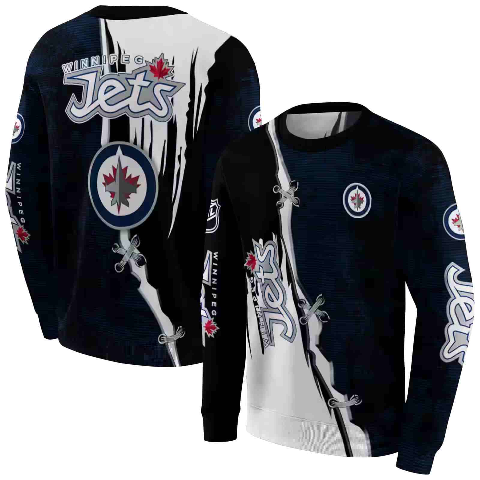 winnipeg jets ripped pattern blue black white hoodie premium grade