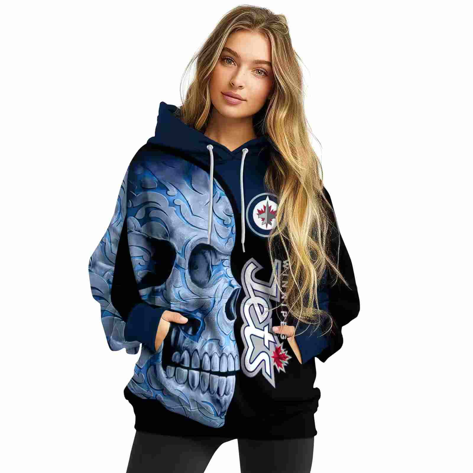 winnipeg jets skull motif blue black hoodie high quality