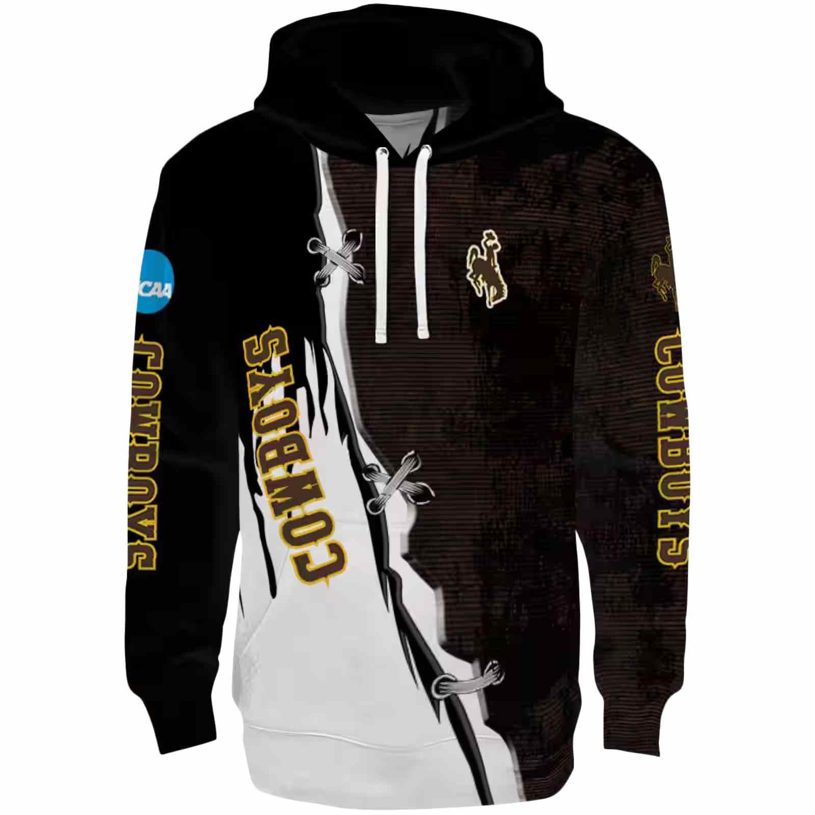 Wyoming Cowboys Ripped Pattern Brown Black White Hoodie