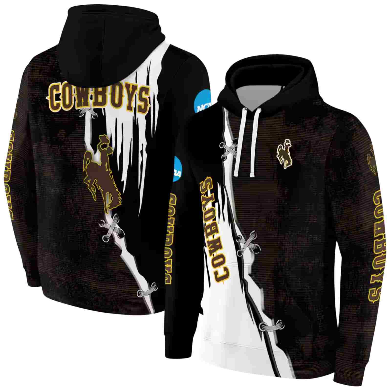 wyoming cowboys ripped pattern brown black white hoodie fashion forward