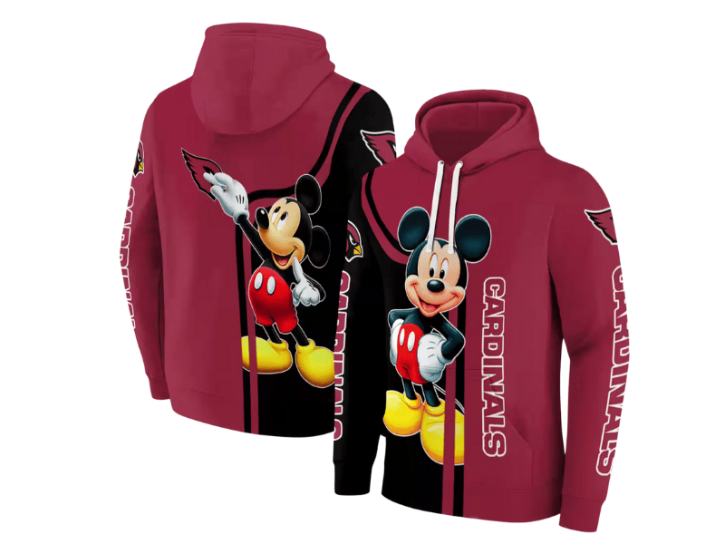 The Arizona Cardinals Mickey Mouse Red Black Hoodie blends team pride with fun, playful style