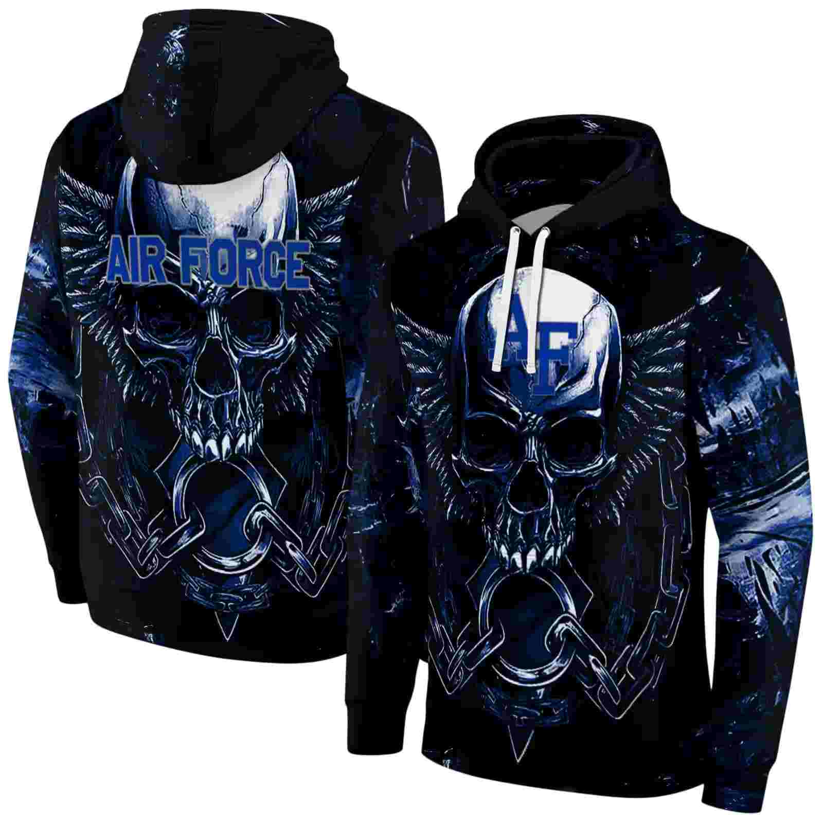 air force falcons skull artwork blue black hoodie fashion forward