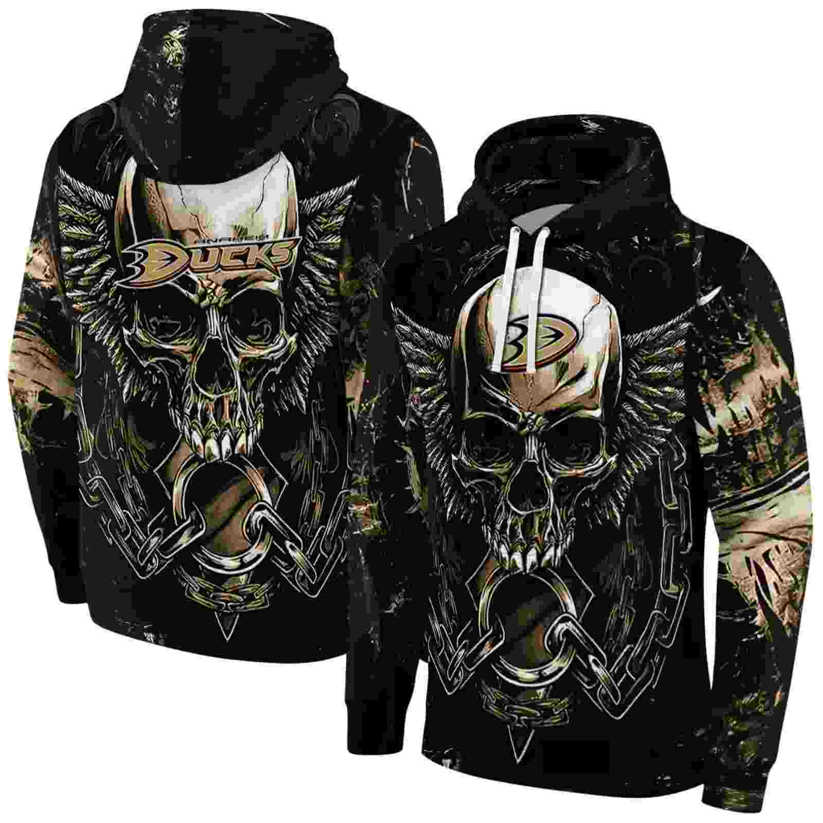 anaheim ducks skull artwork gold black hoodie fashion forward