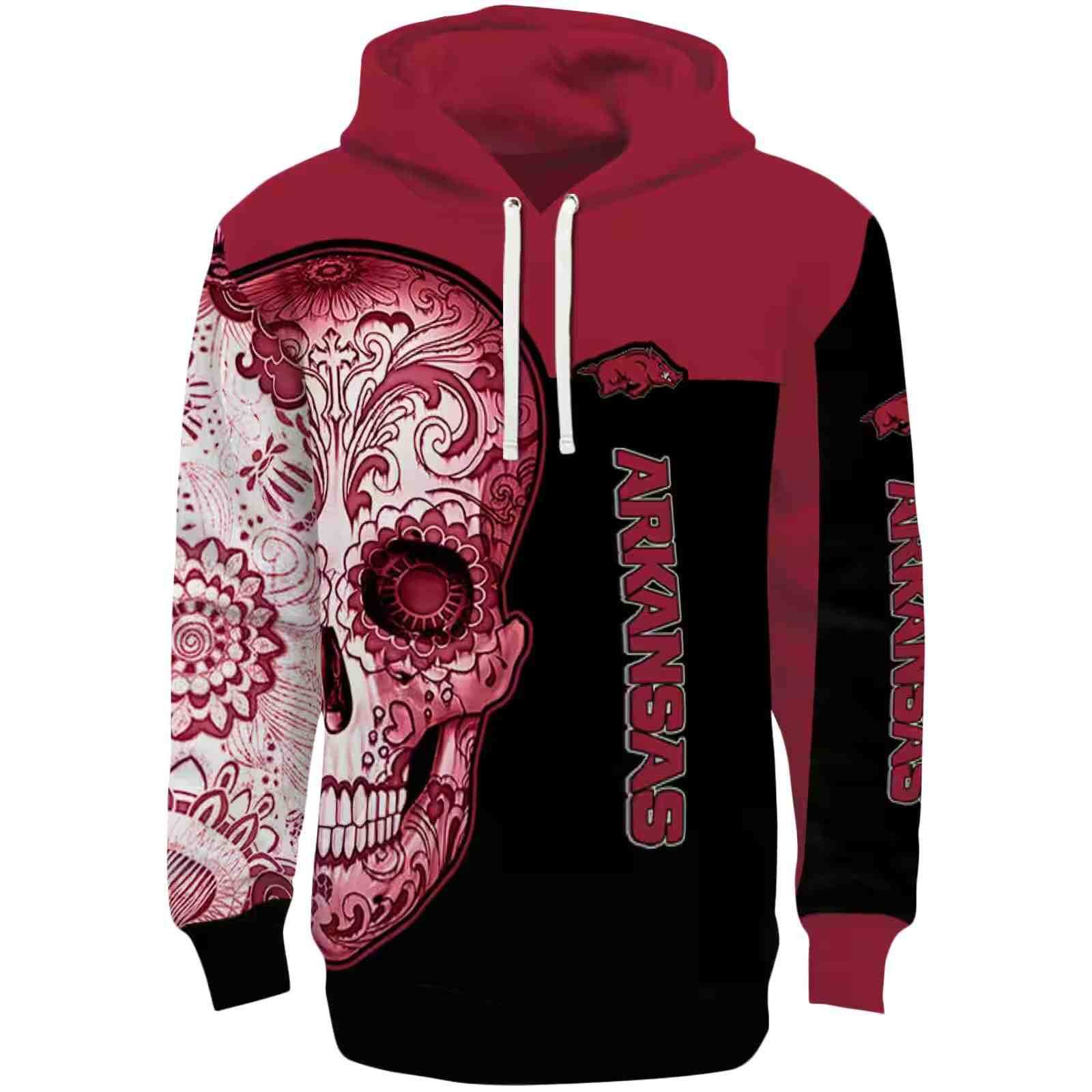 Arkansas Razorbacks Sugar Skull Red Black Hoodie