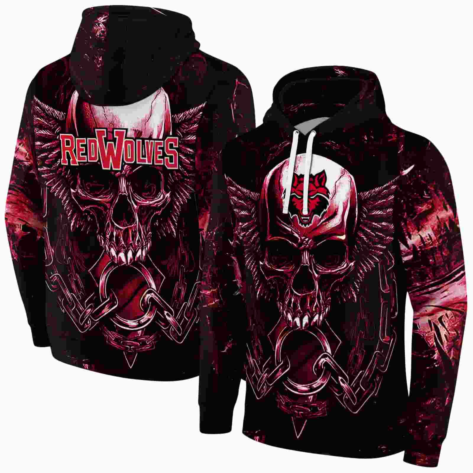 arkansas state red wolves skull artwork scarlet black hoodie fashion forward