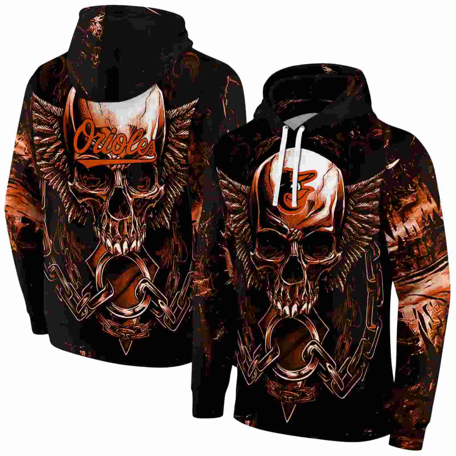 baltimore orioles skull artwork orange black hoodie fashion forward