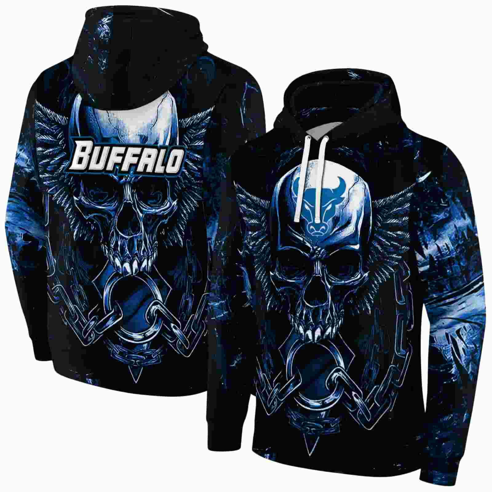 buffalo bulls skull artwork royal blue black hoodie fashion forward