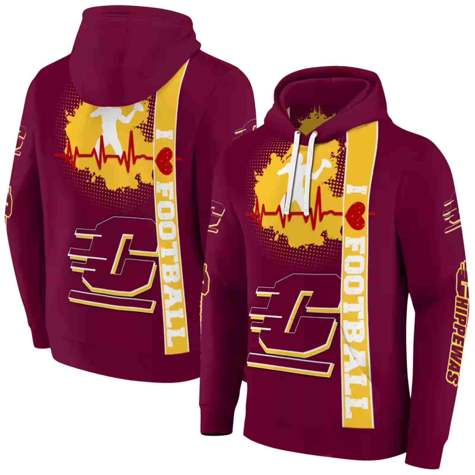 central michigan chippewas football heartbeat maroon hoodie fashion forward