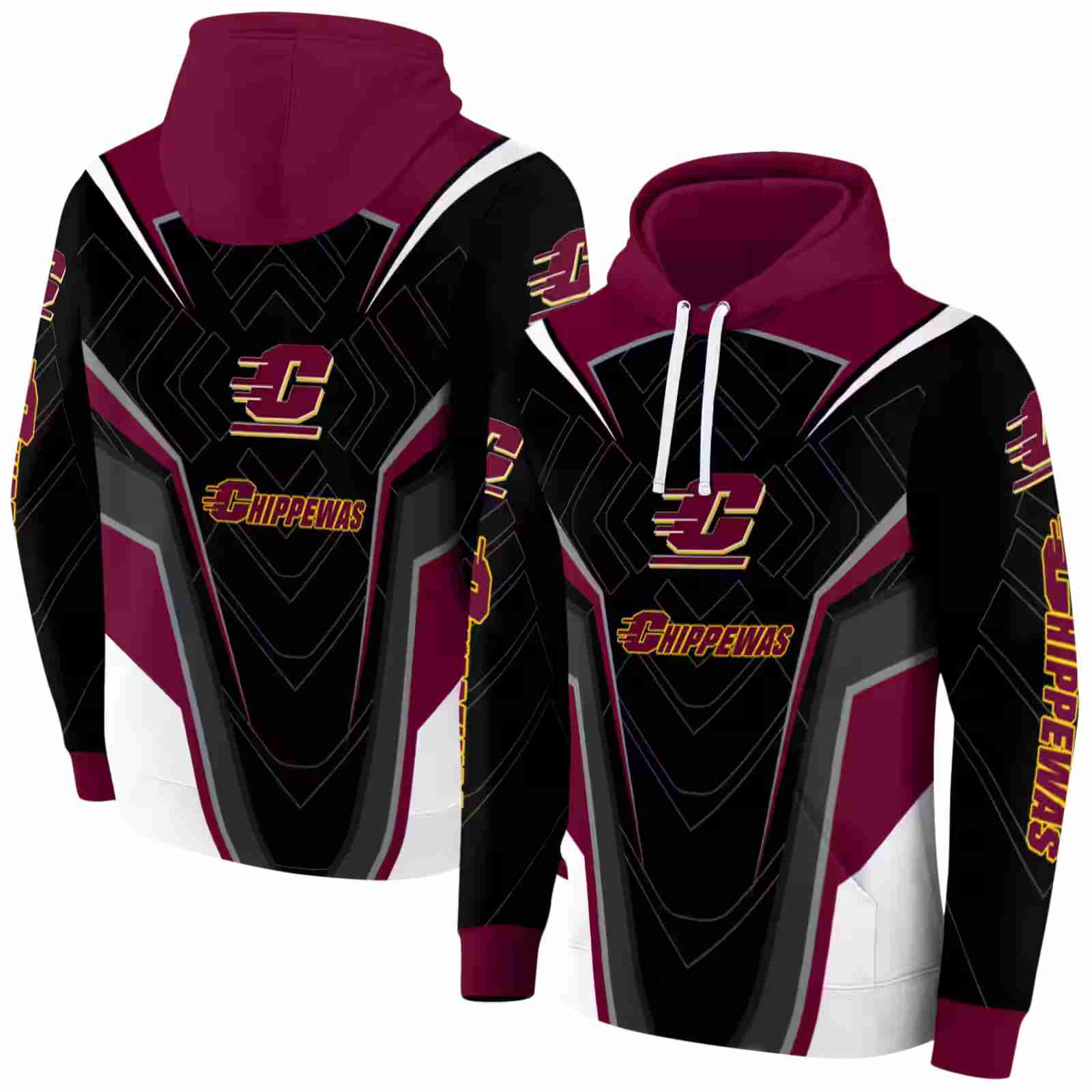 central michigan chippewas futuristic pattern maroon black hoodie fashion forward