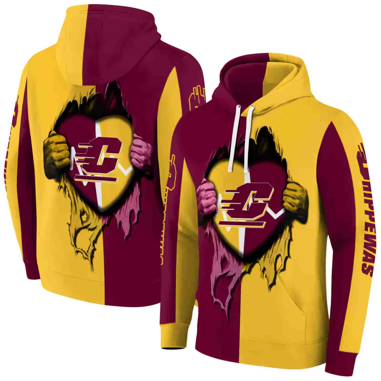 central michigan chippewas heartbeat graphic maroon hoodie fashion forward