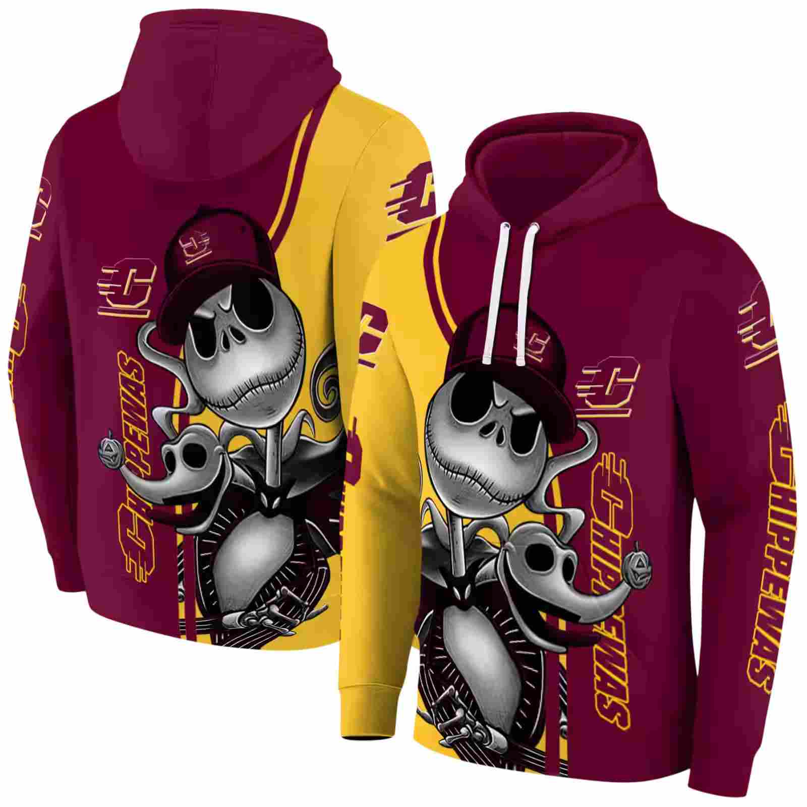 central michigan chippewas jack skellington maroon hoodie fashion forward