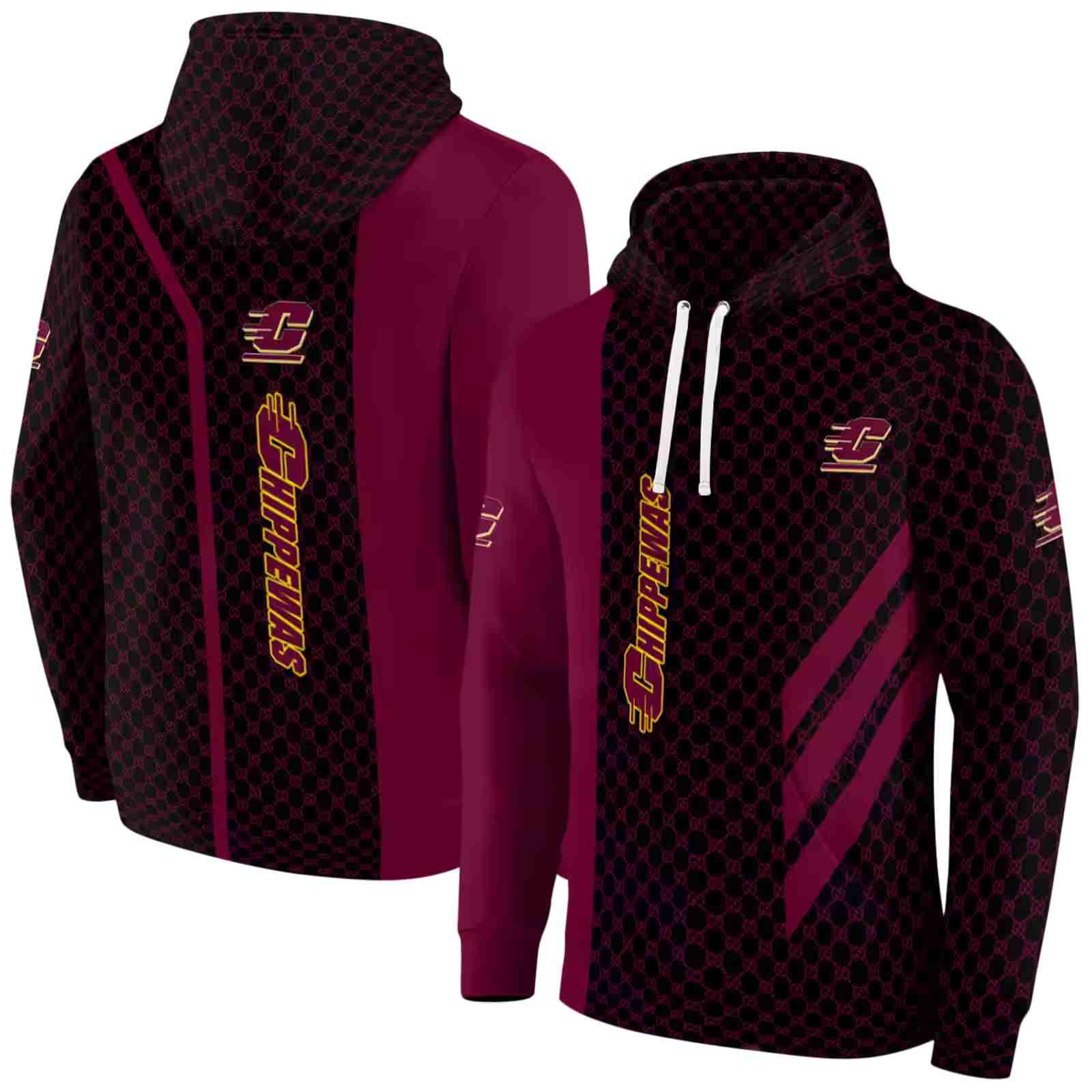 central michigan chippewas monogram pattern maroon hoodie fashion forward
