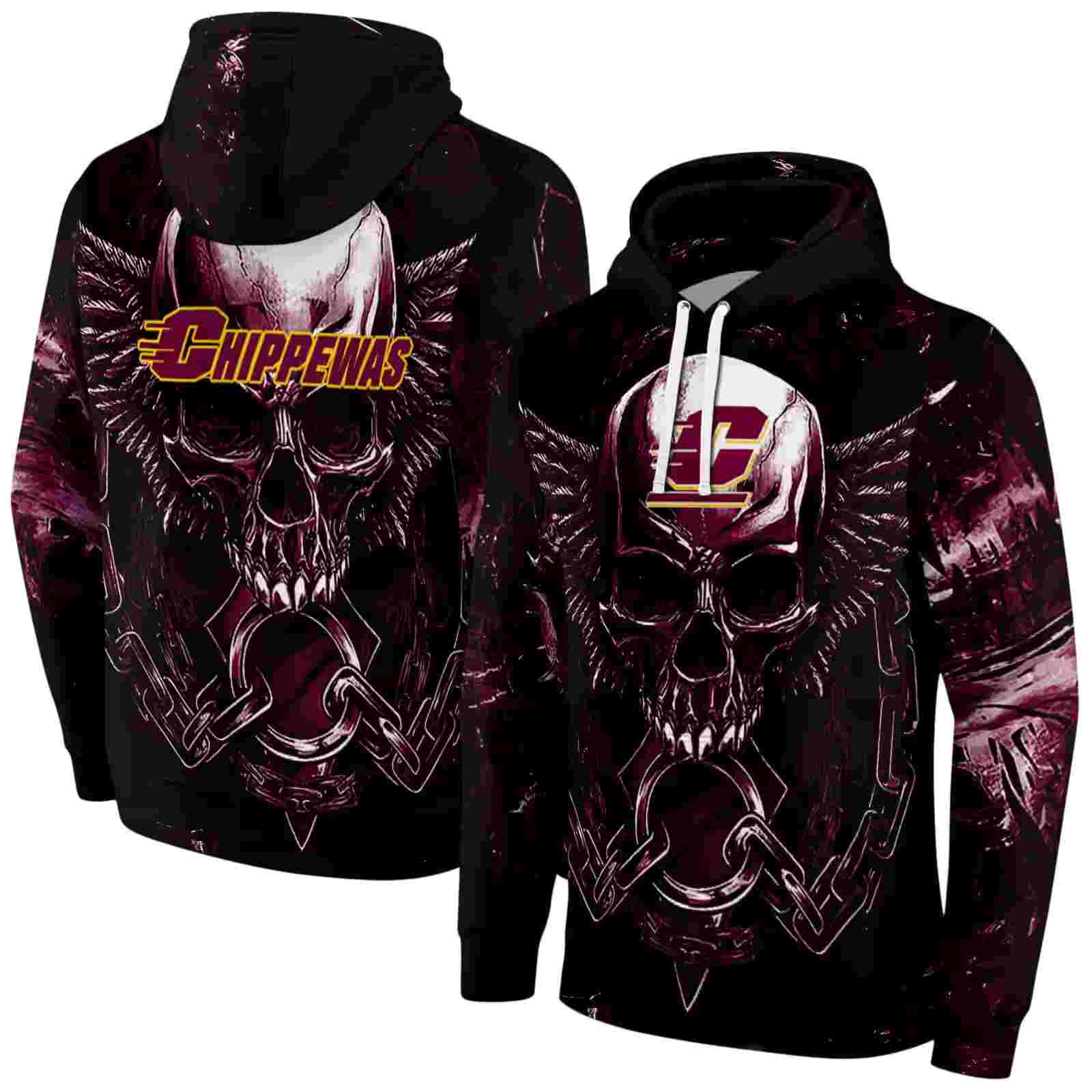central michigan chippewas skull artwork maroon black hoodie fashion forward