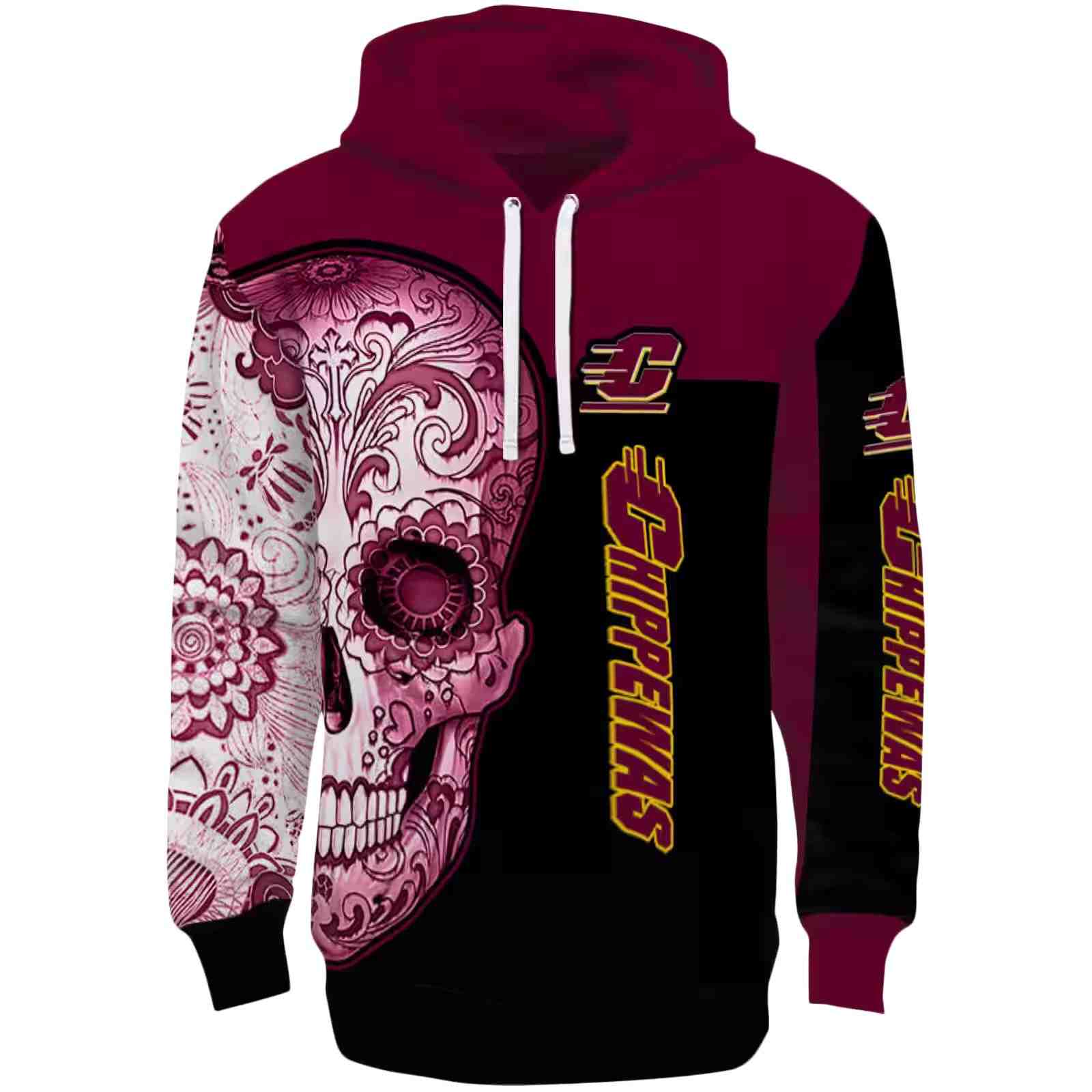 Central Michigan Chippewas Sugar Skull Maroon Black Hoodie