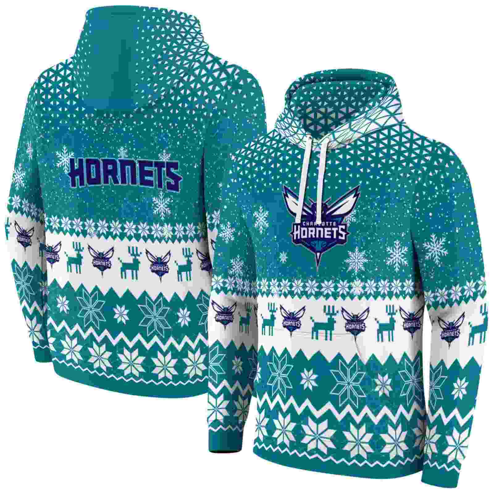 charlotte hornets reindeer motif teal hoodie fashion forward