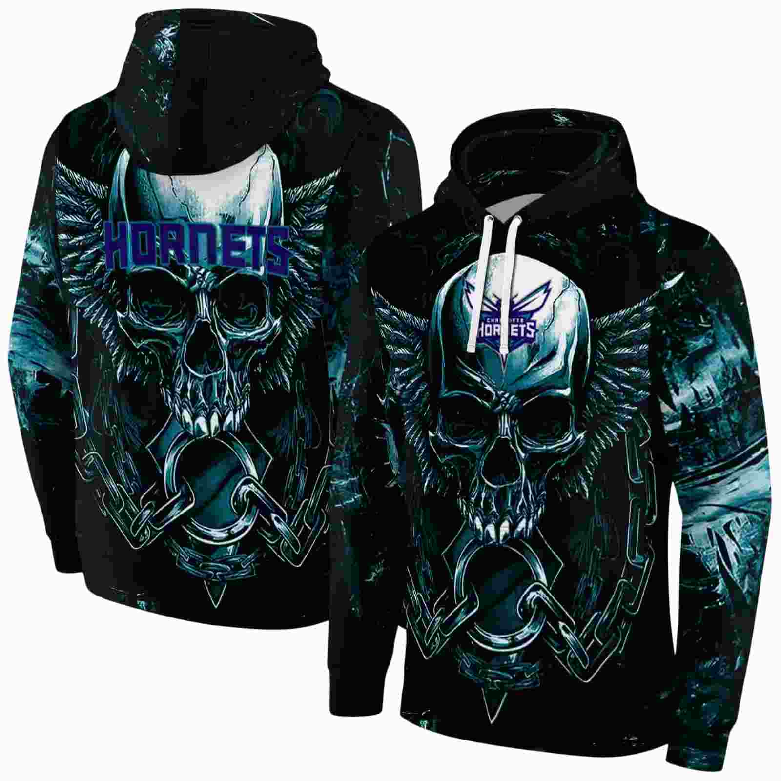 charlotte hornets skull artwork teal black hoodie fashion forward