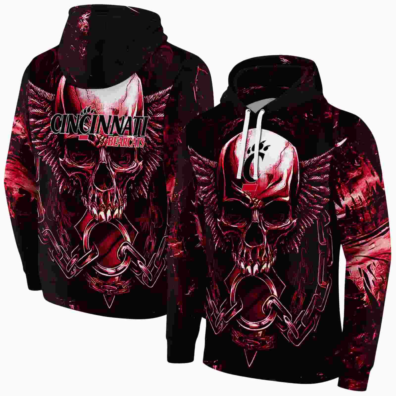 cincinnati bearcats skull artwork red black hoodie fashion forward