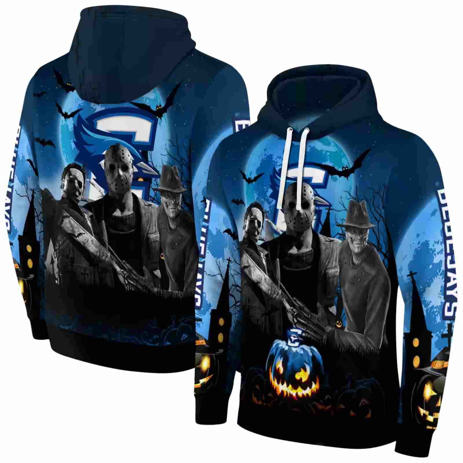 creighton bluejays halloween vibes blue black hoodie fashion forward