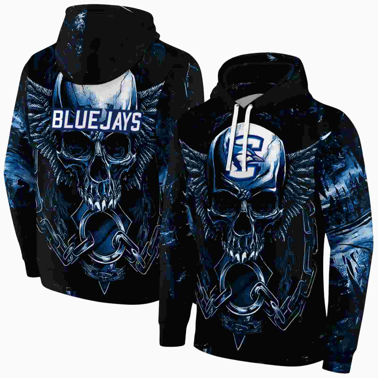 creighton bluejays skull artwork blue black hoodie fashion forward