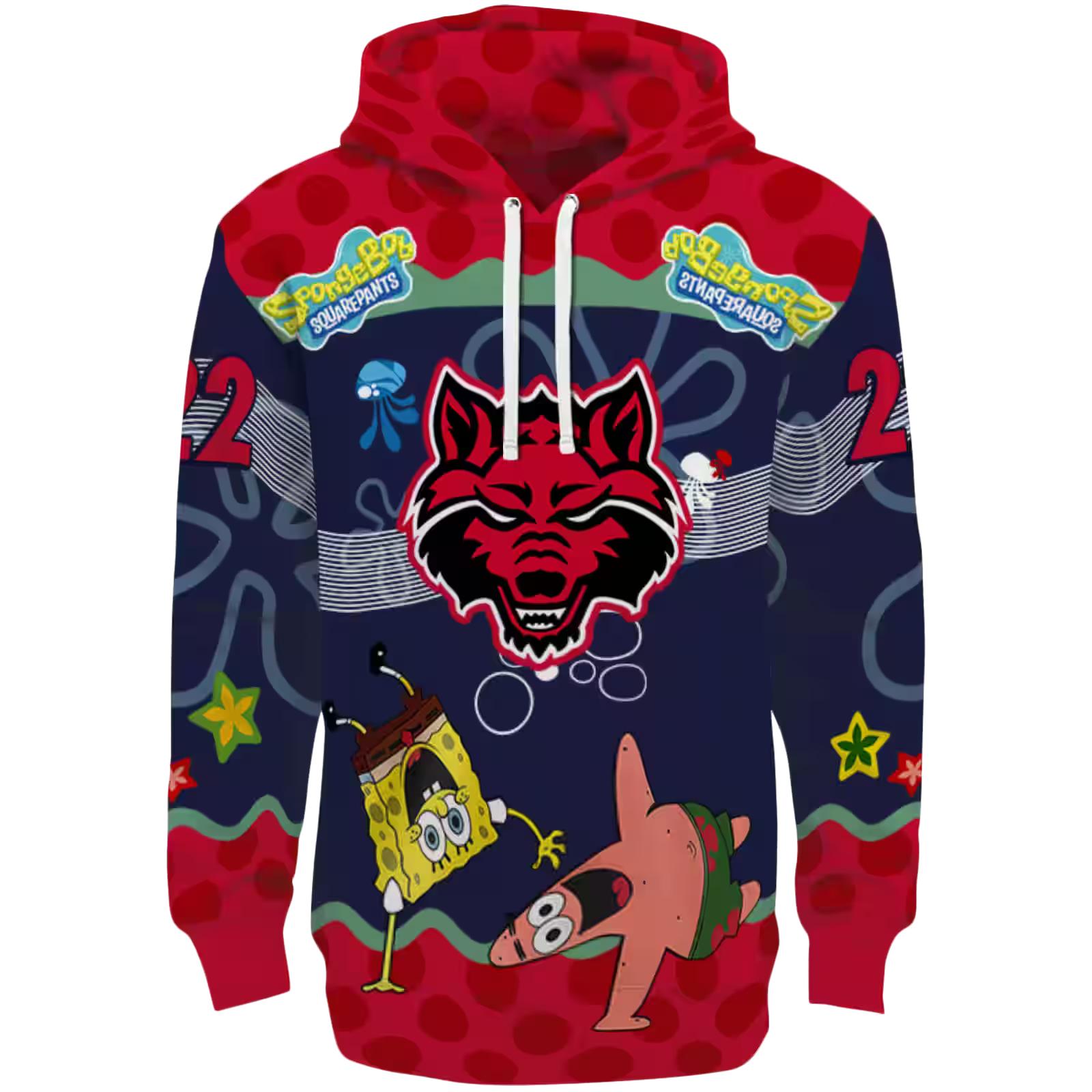 Custom Arkansas State Red Wolves Spongebob Patrick Star Scarlet Navy Hoodie