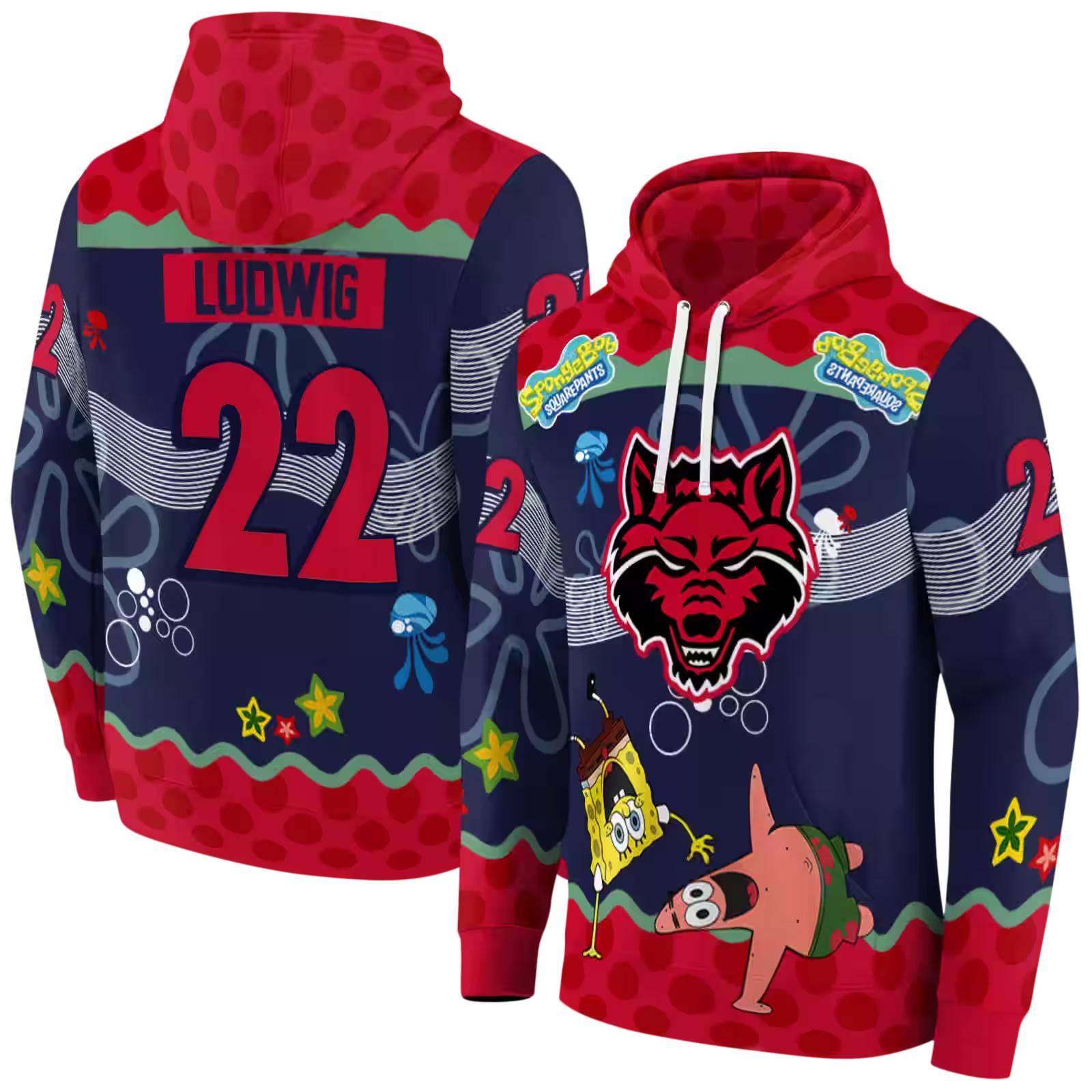 custom arkansas state red wolves spongebob patrick star scarlet navy hoodie fashion forward