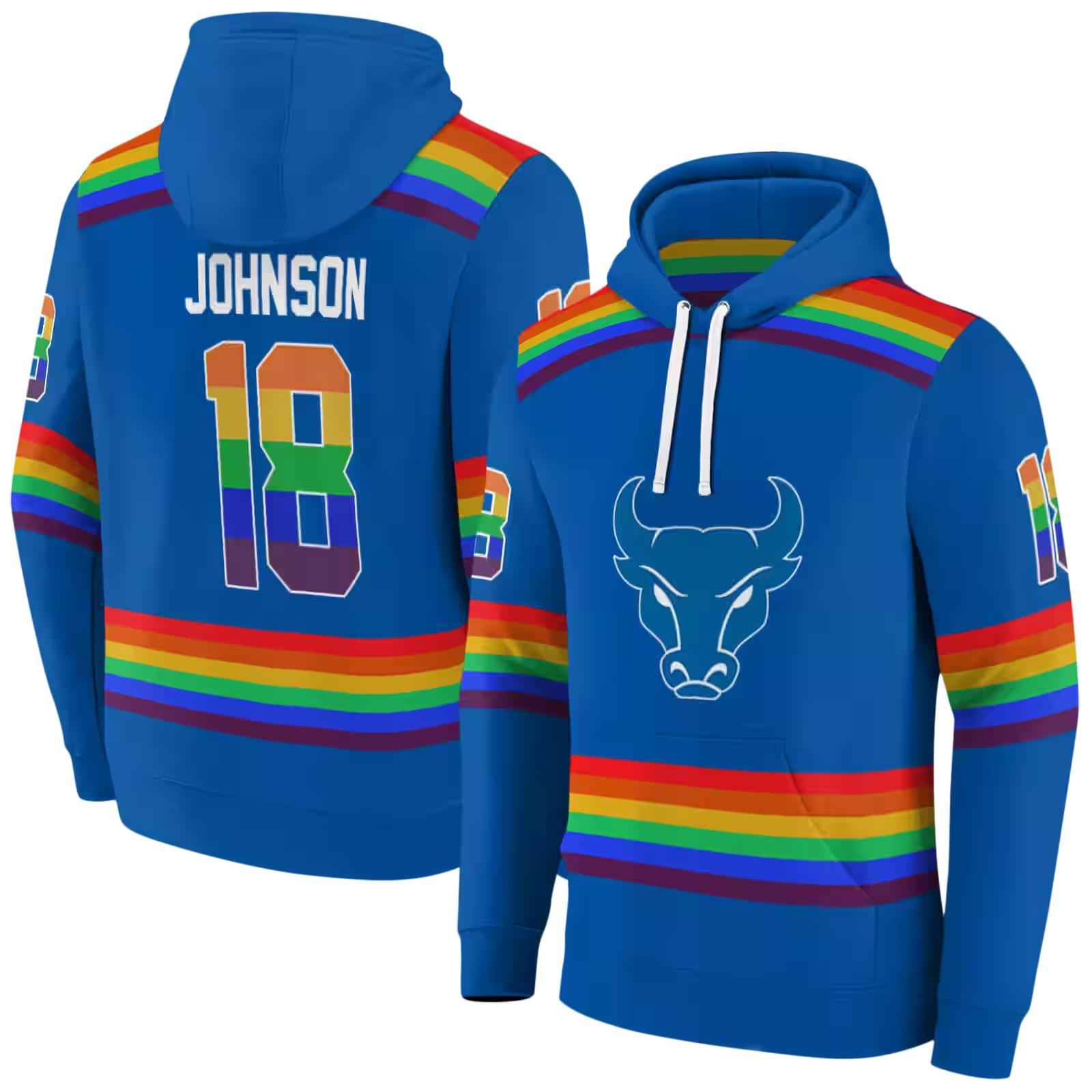 custom buffalo bulls rainbow stripes royal blue hoodie fashion forward